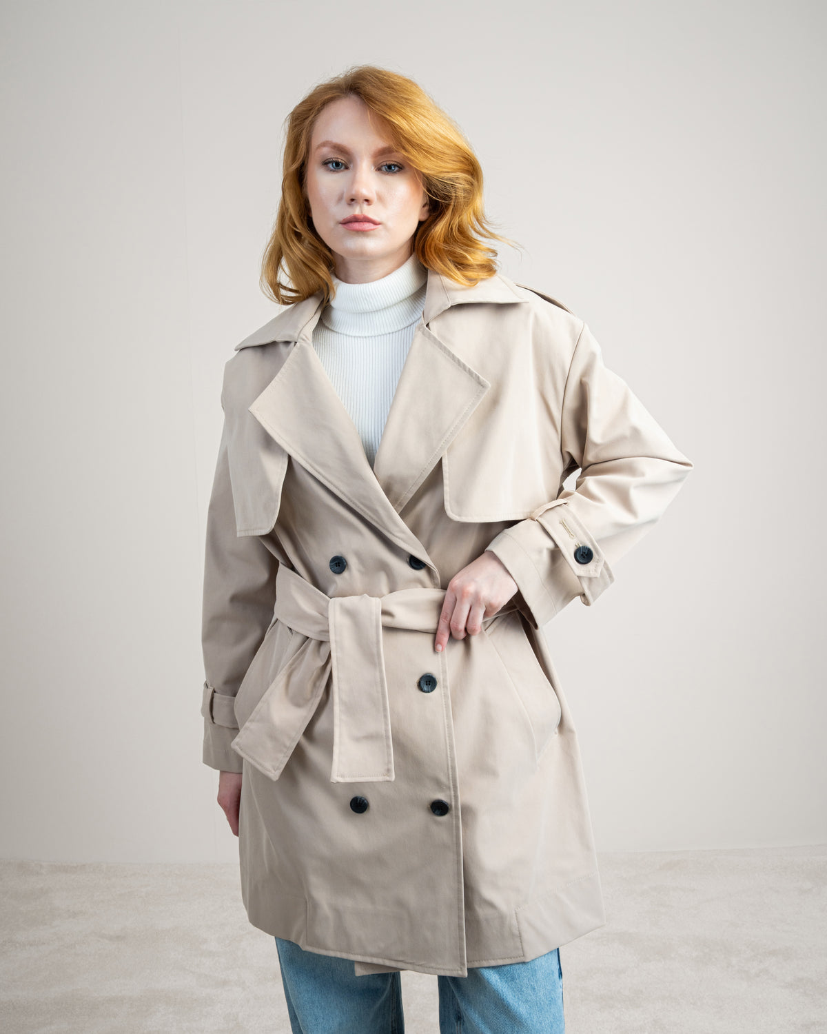 Long Gabardine Jacket - With Belt And Pockets