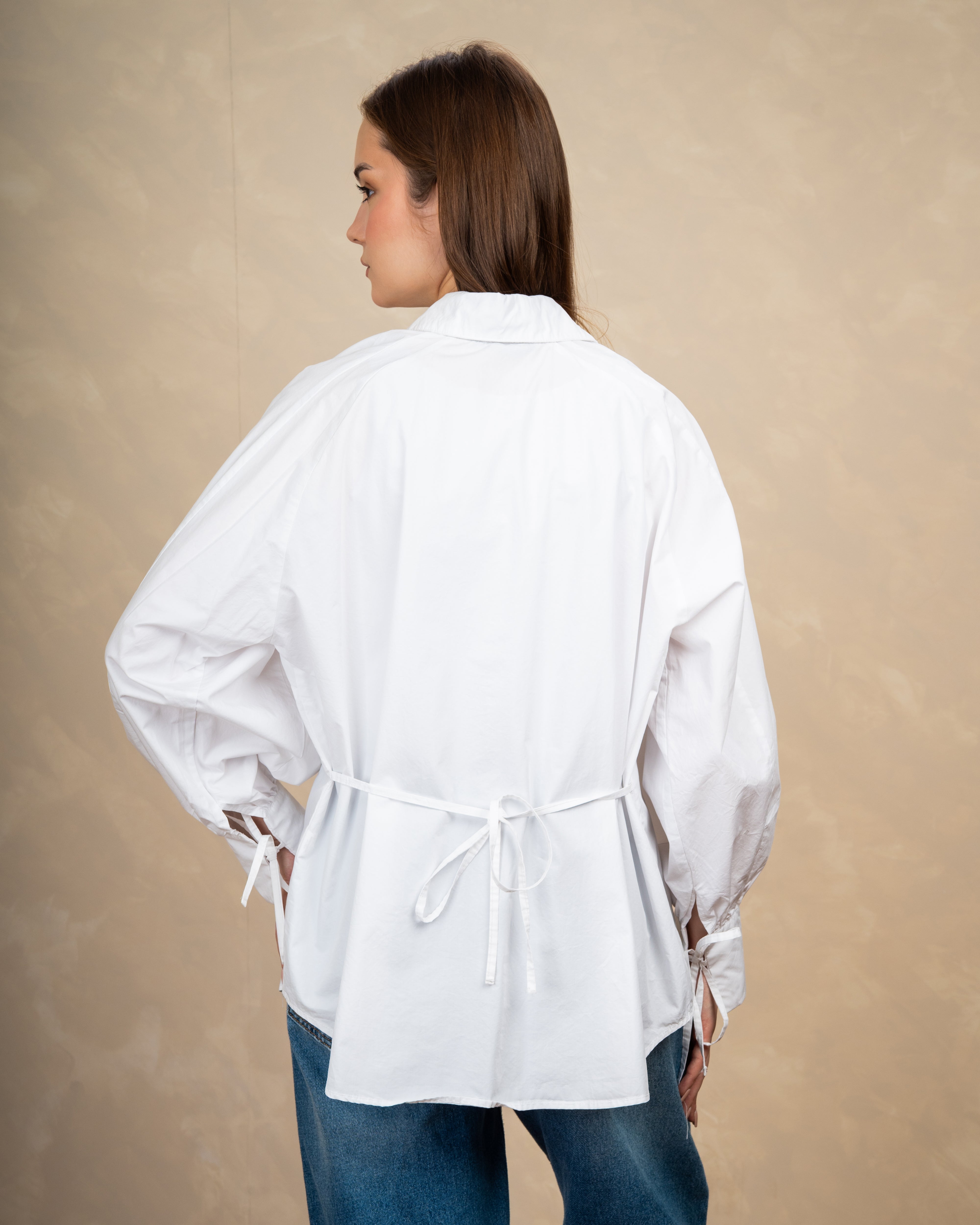 Plain Shirt With Waist Tie And Tie Cuffs