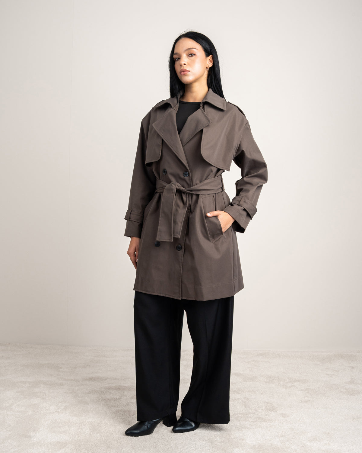Long Gabardine Jacket - With Belt And Pockets