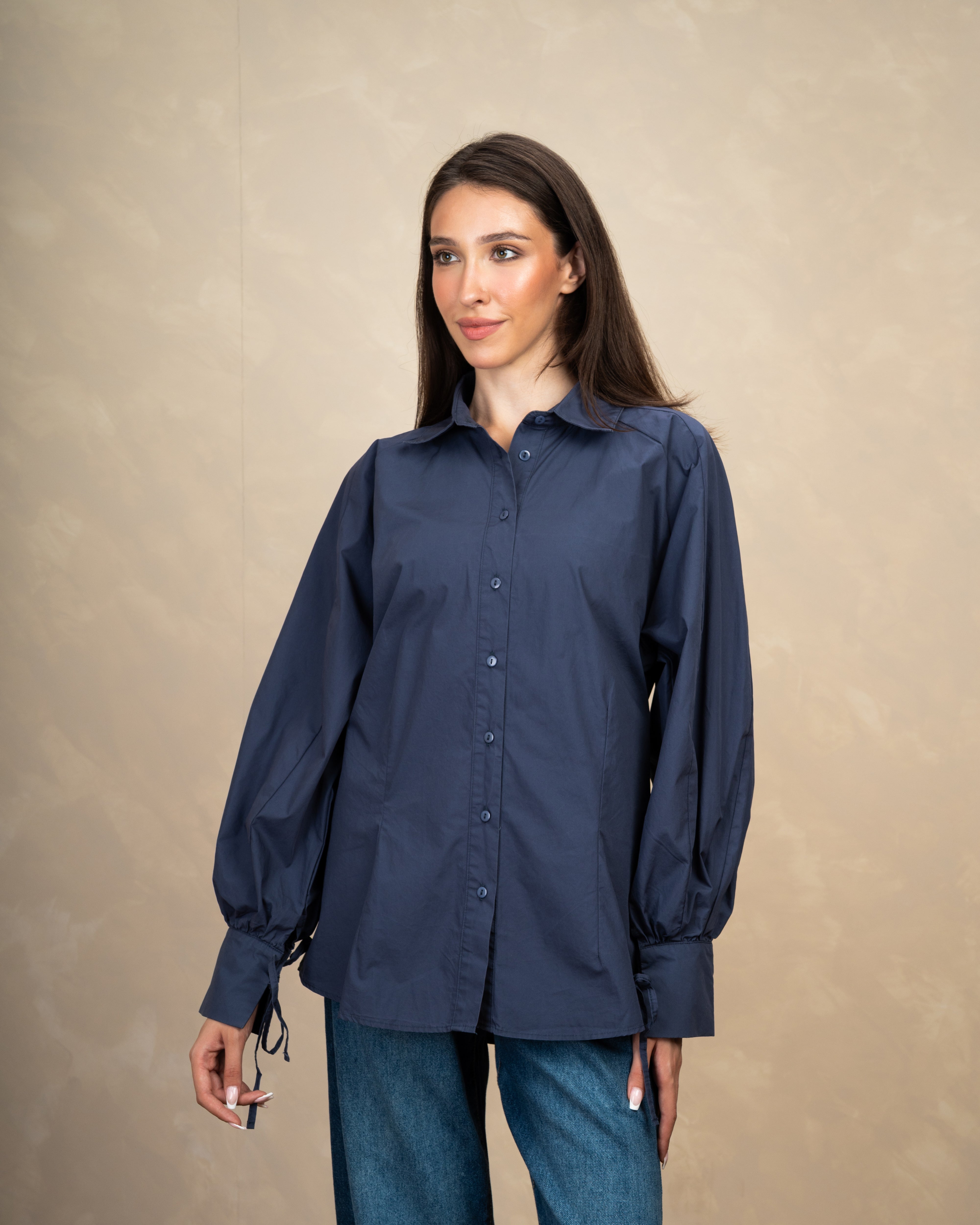 Plain Shirt With Waist Tie And Tie Cuffs