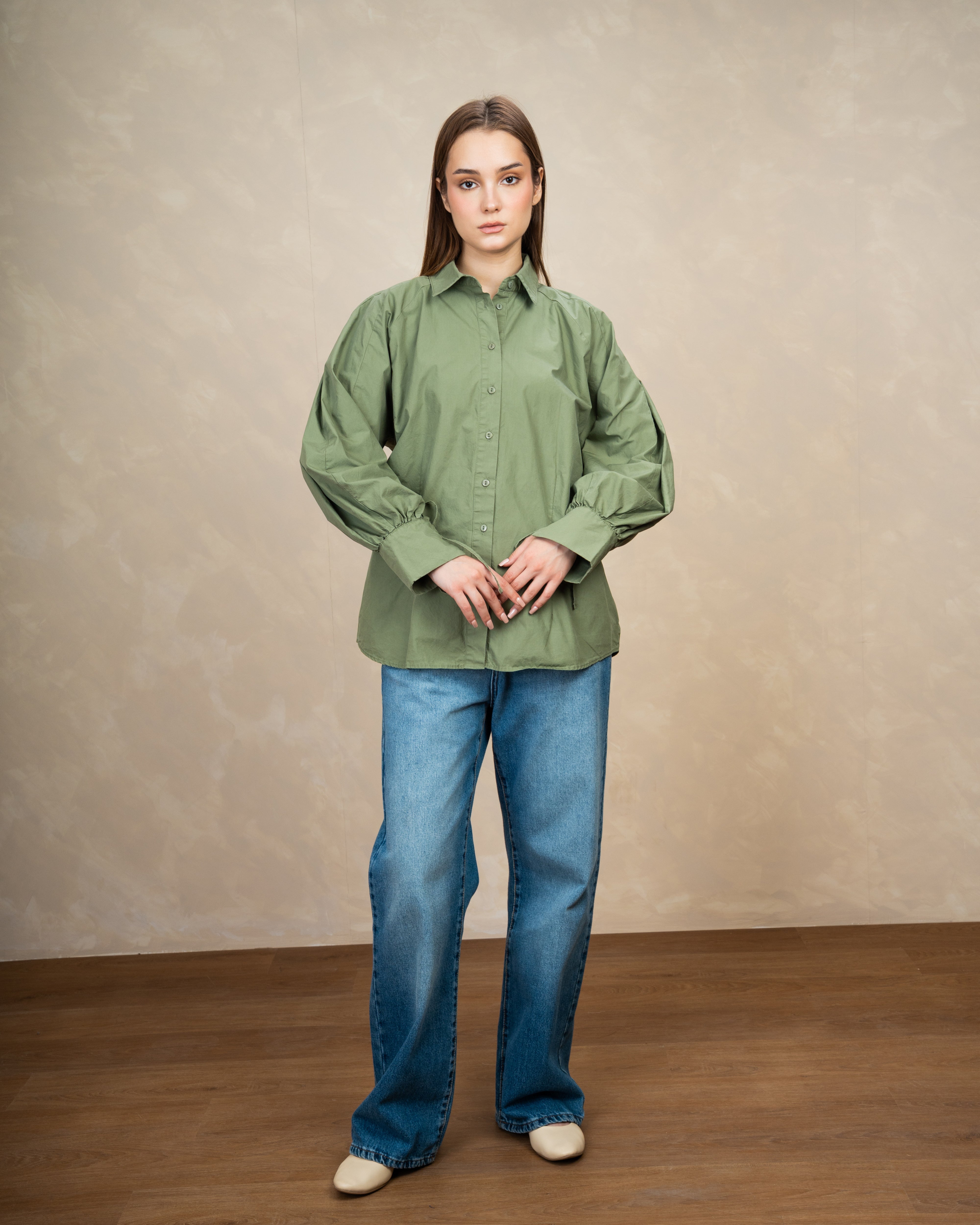 Plain Shirt With Waist Tie And Tie Cuffs