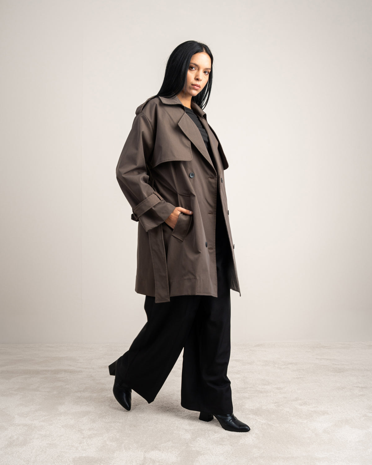 Long Gabardine Jacket - With Belt And Pockets