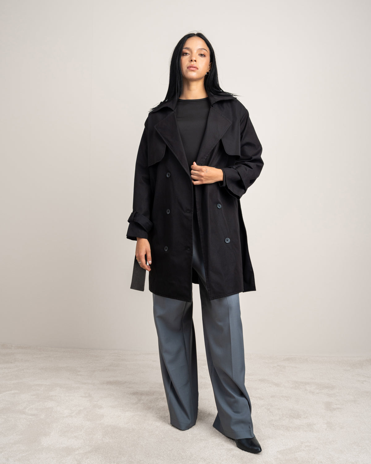 Long Gabardine Jacket - With Belt And Pockets