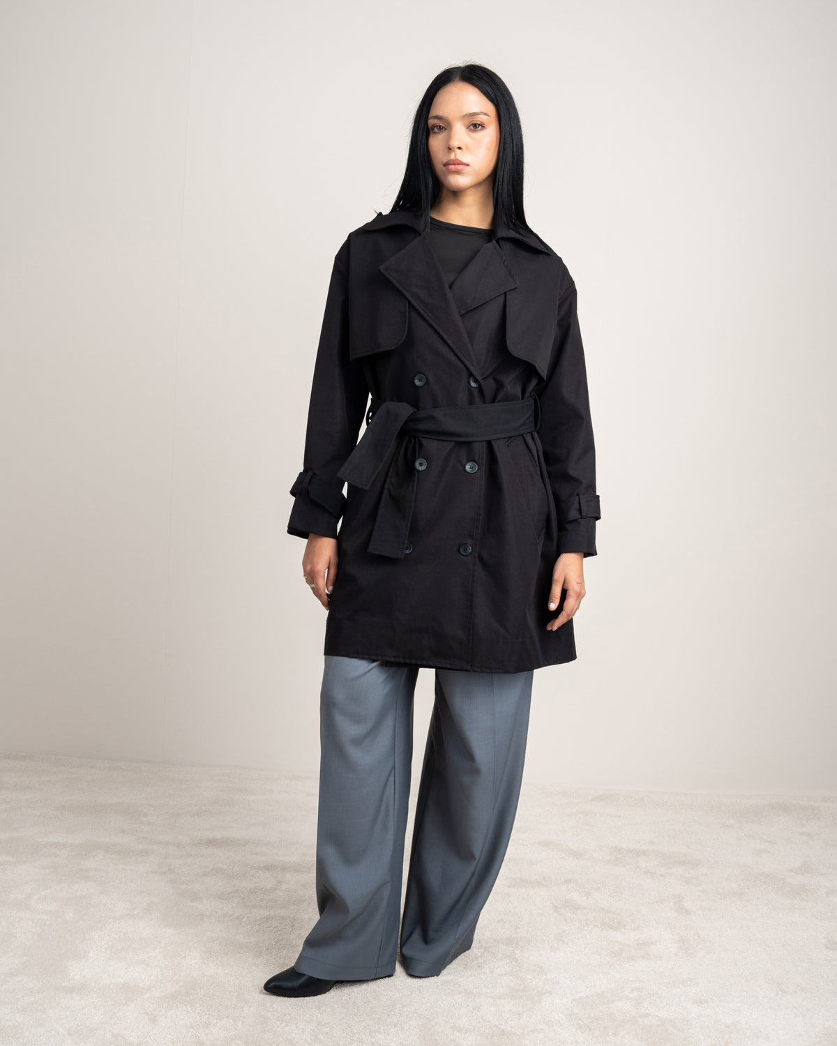 Long Gabardine Jacket - With Belt And Pockets