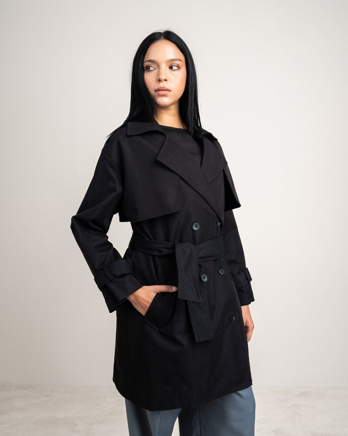 Long Gabardine Jacket - With Belt And Pockets