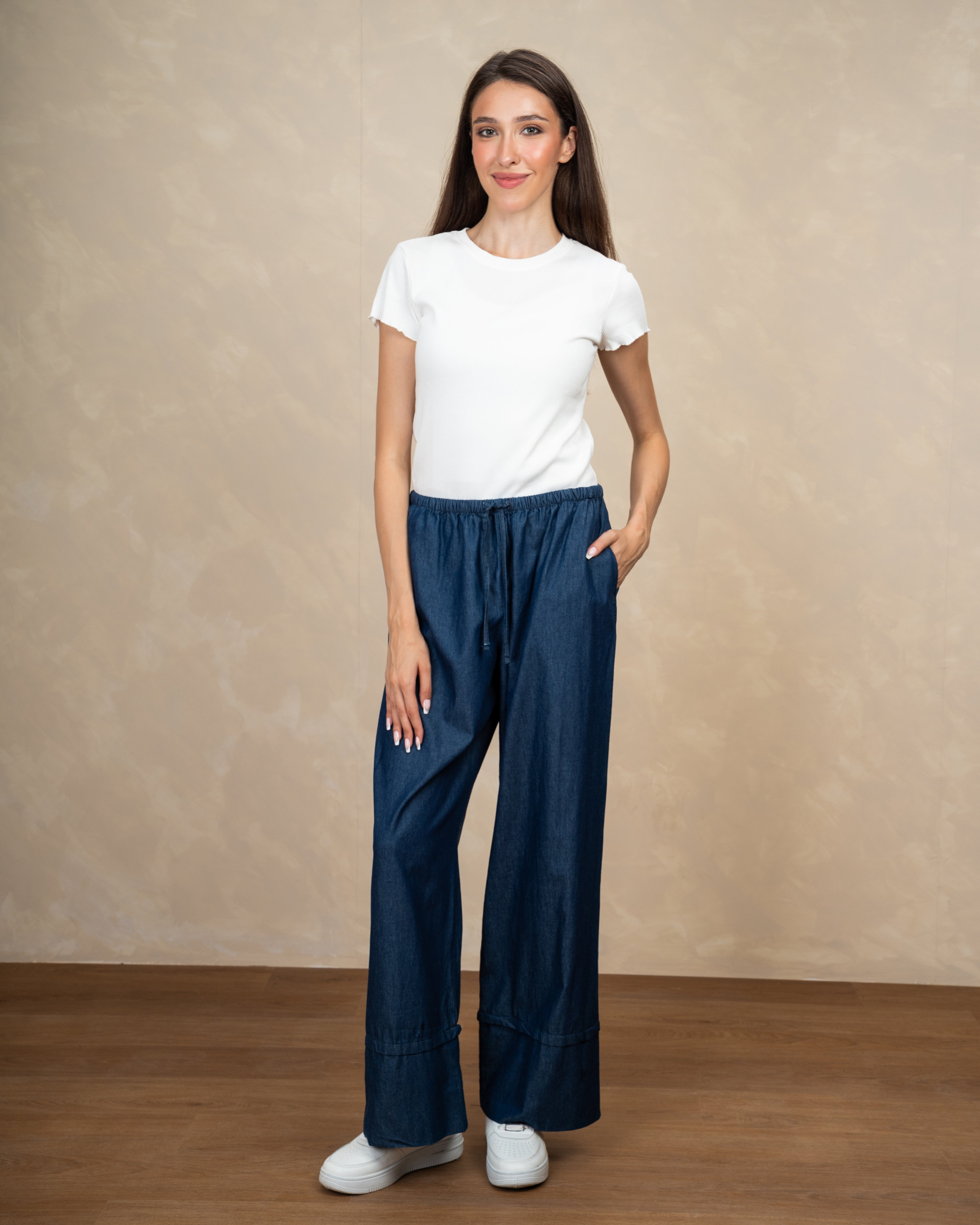 Denim Trouser With Drawstring And Turn-Up Hem