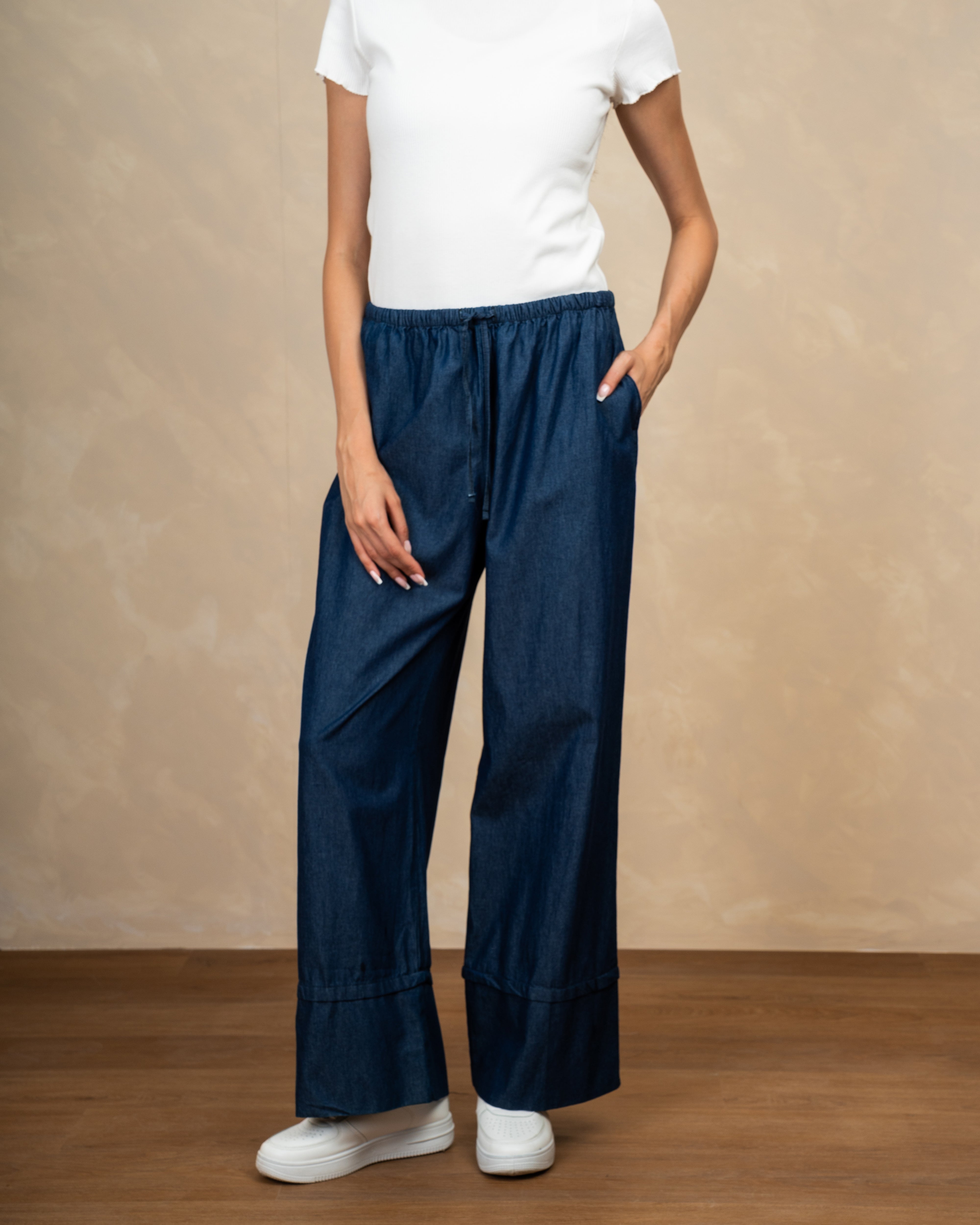 Denim Trouser With Drawstring And Turn-Up Hem