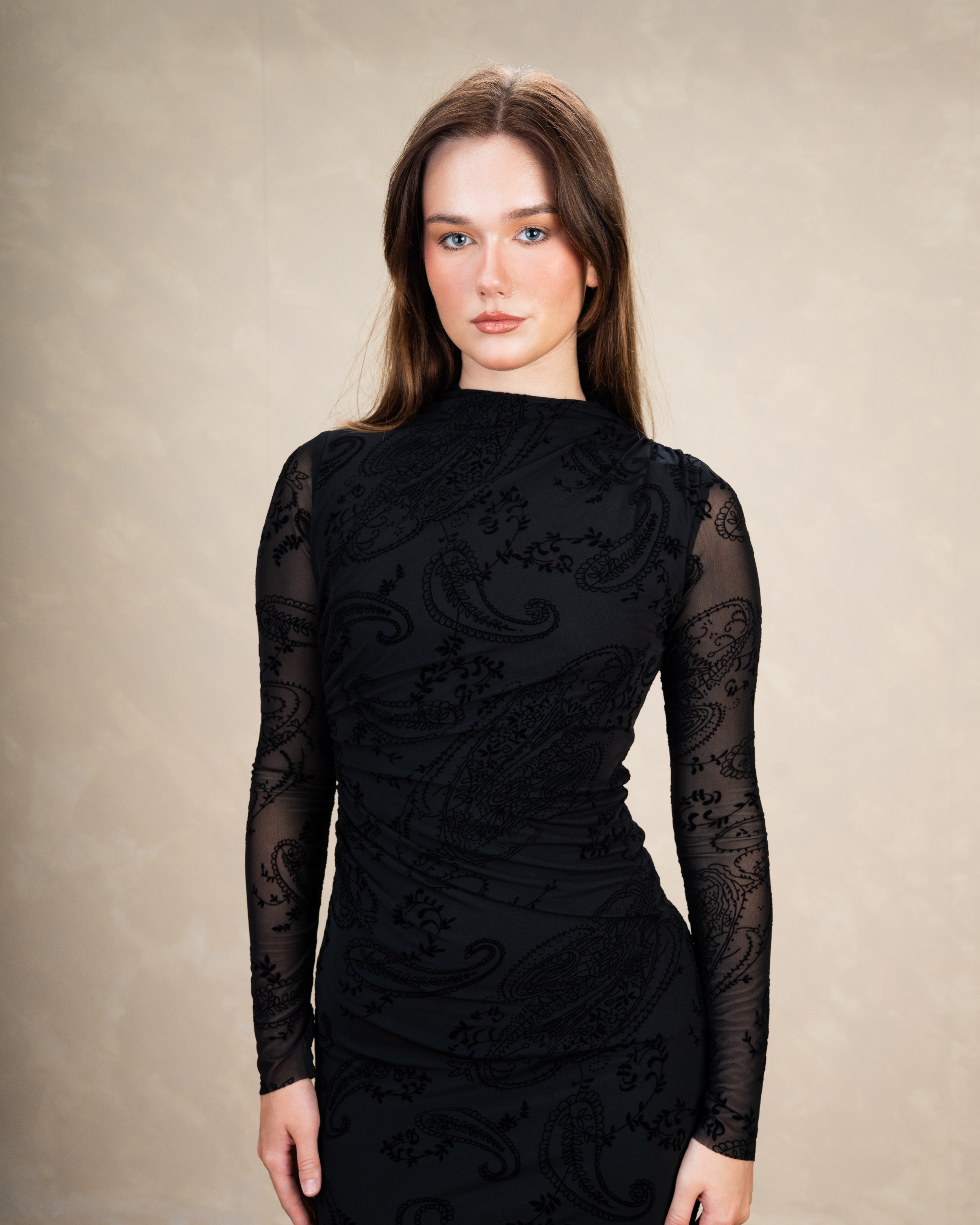 Plain Dress With Floral Print Sleeves