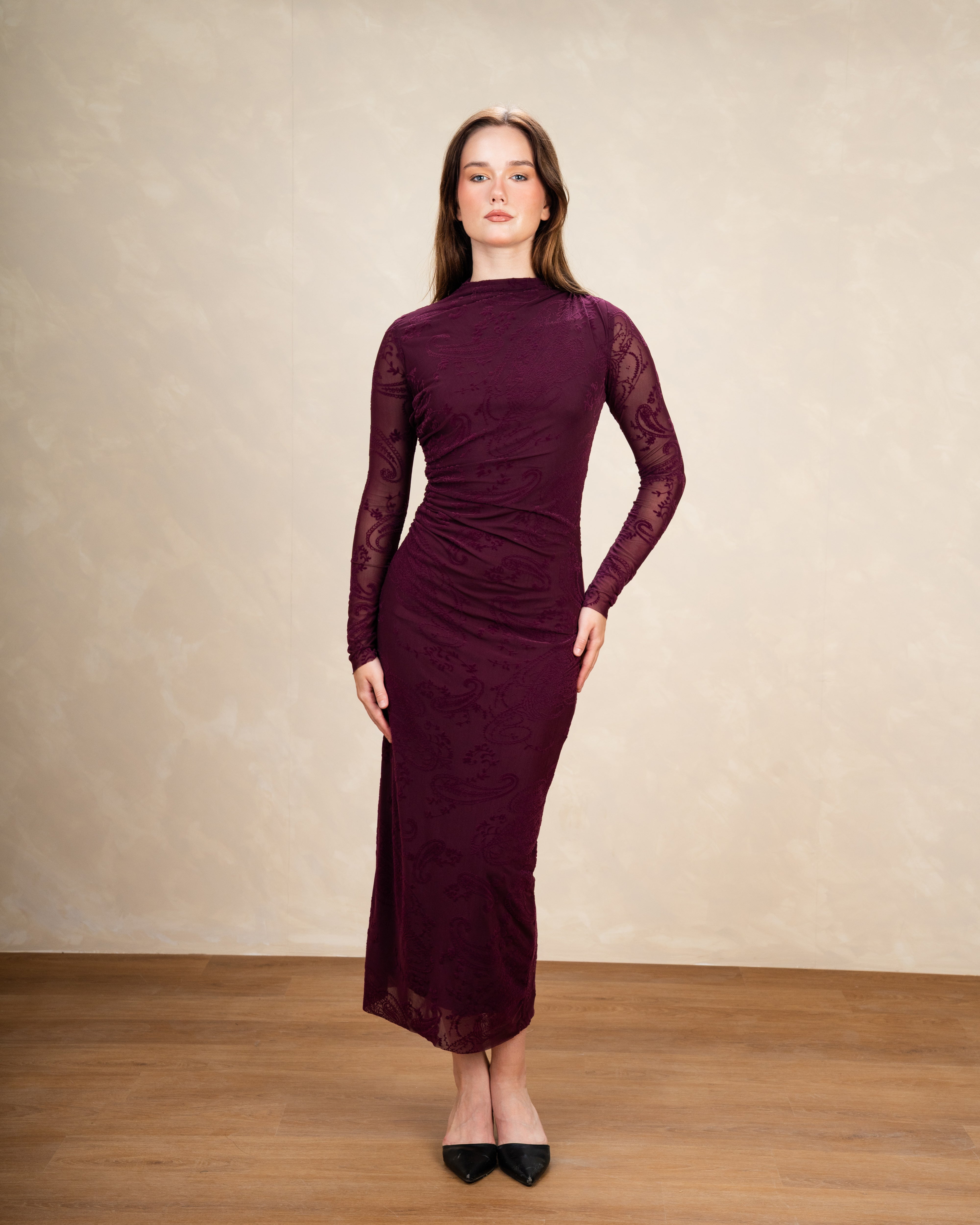 Plain Dress With Floral Print Sleeves