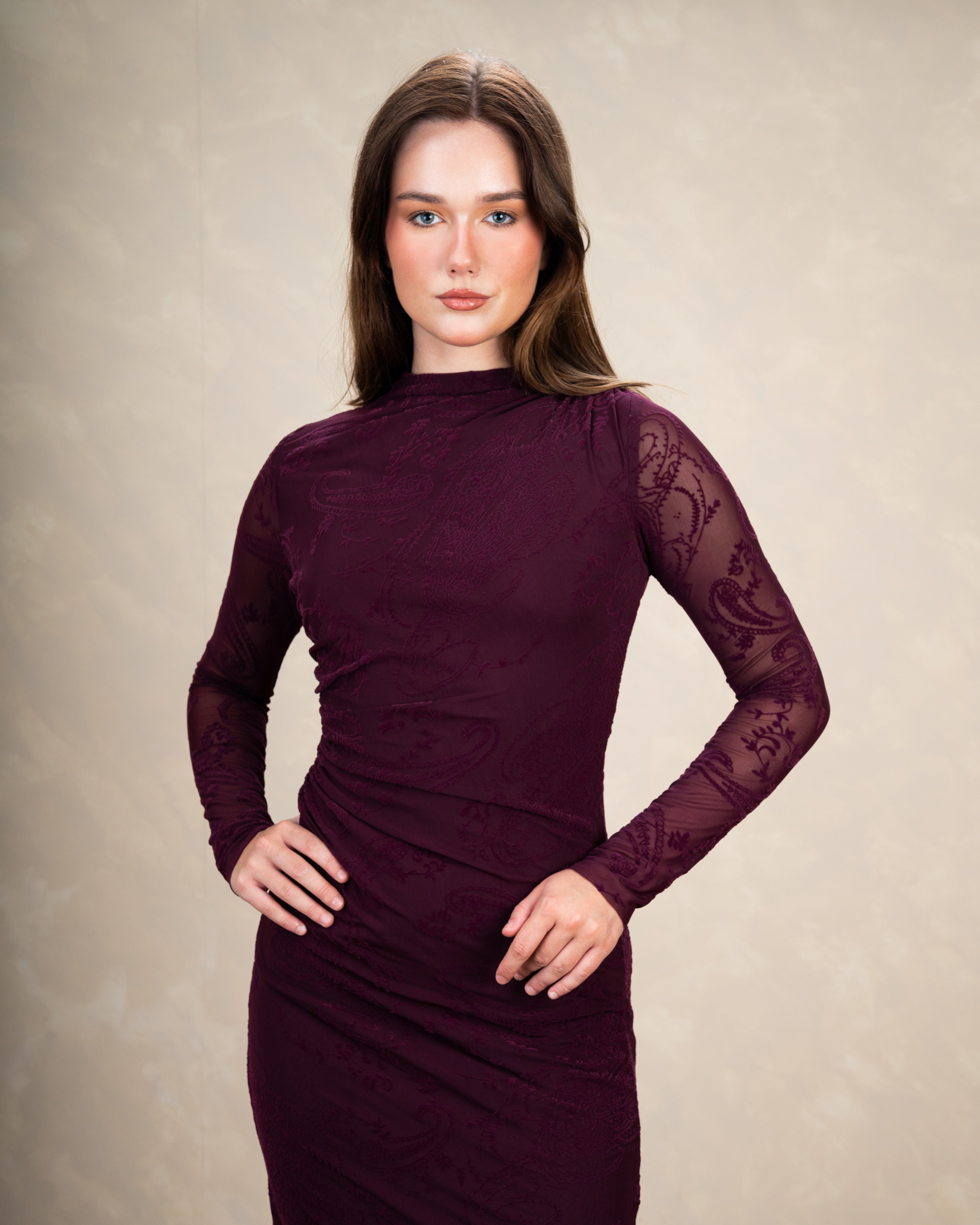 Plain Dress With Floral Print Sleeves