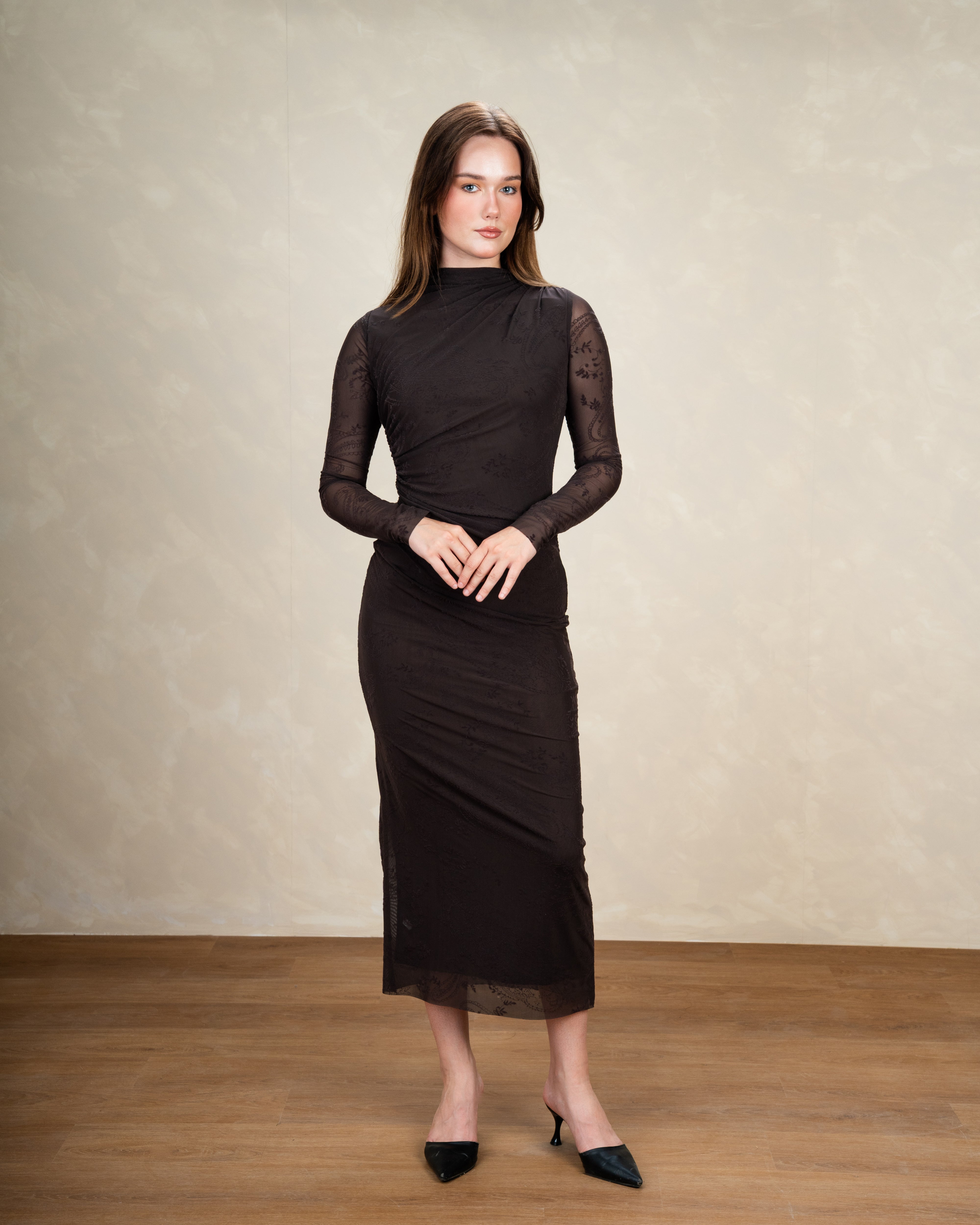Plain Dress With Floral Print Sleeves