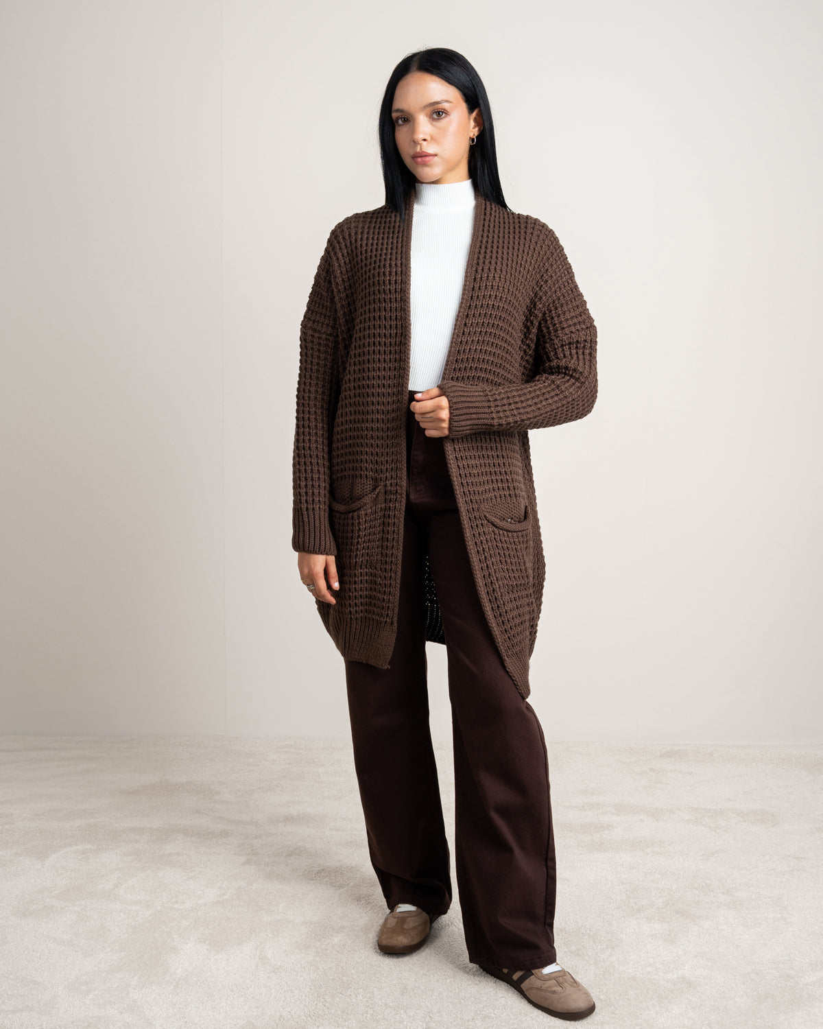 Plain Open Knitwear Cardigan With Pockets