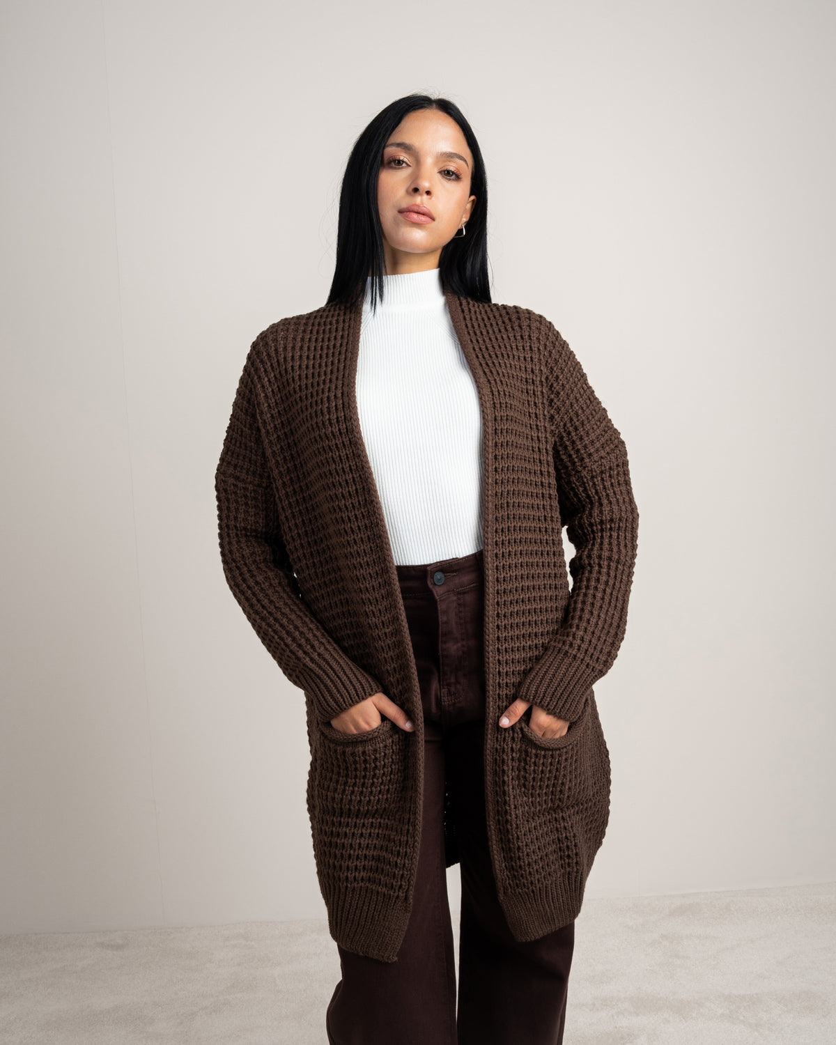 Plain Open Knitwear Cardigan With Pockets