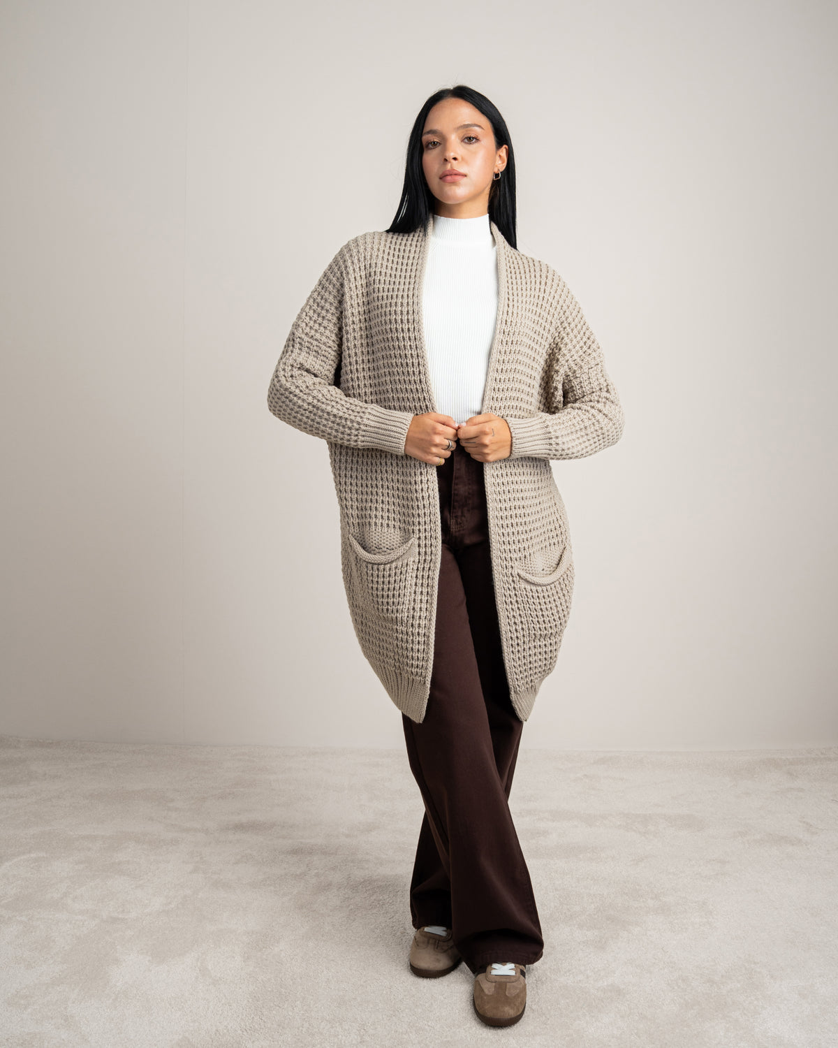 Plain Open Knitwear Cardigan With Pockets