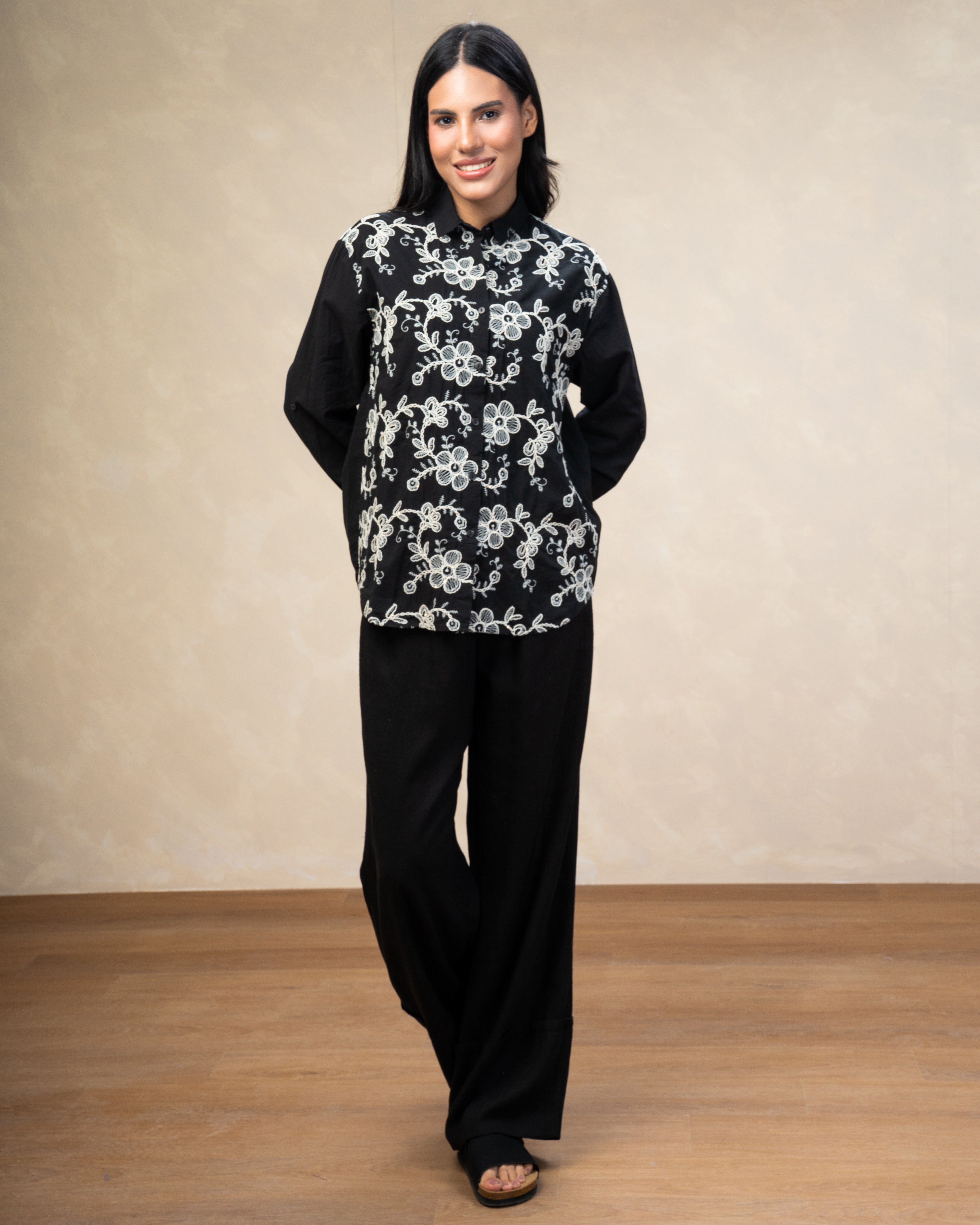 Floral Embroidered Shirt - With Plain Sleeves