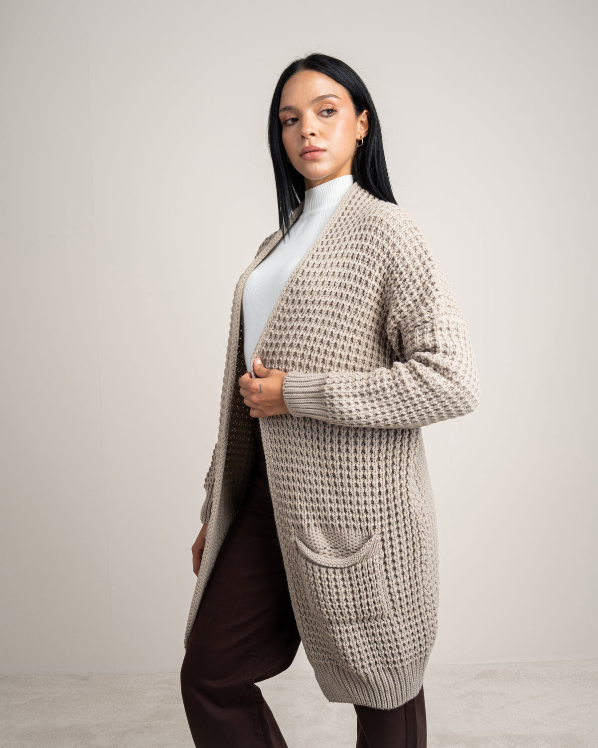 Plain Open Knitwear Cardigan With Pockets
