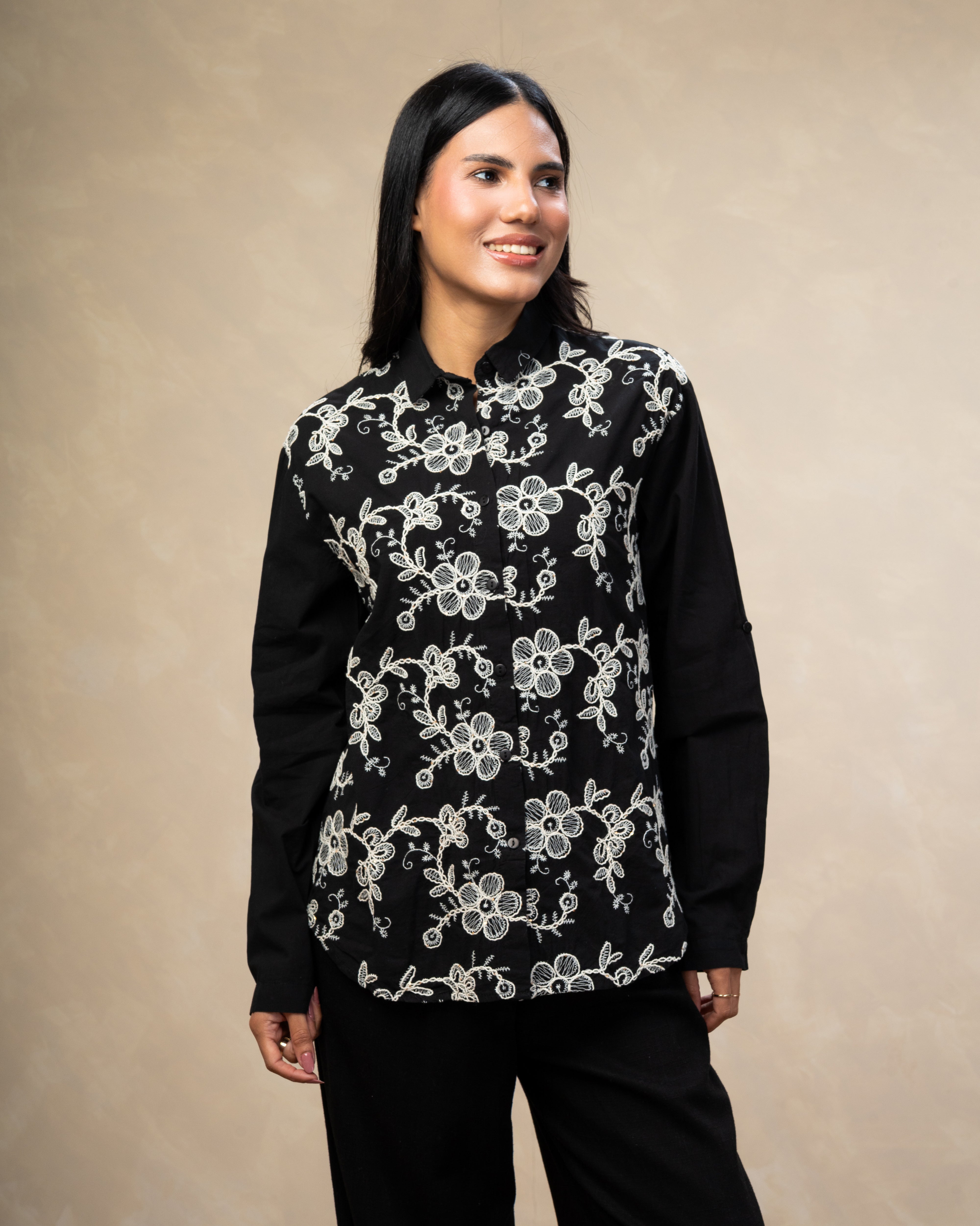 Floral Embroidered Shirt - With Plain Sleeves
