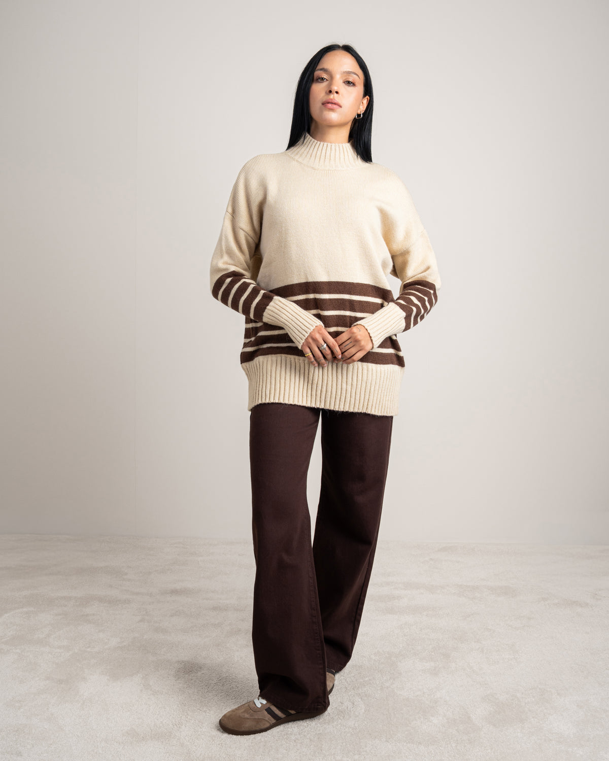 High Neck Knitwear Pullover - With Striped Details