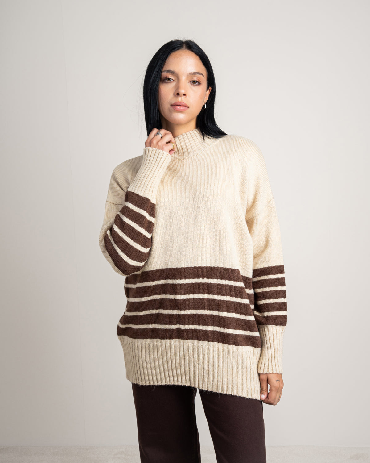 High Neck Knitwear Pullover - With Striped Details