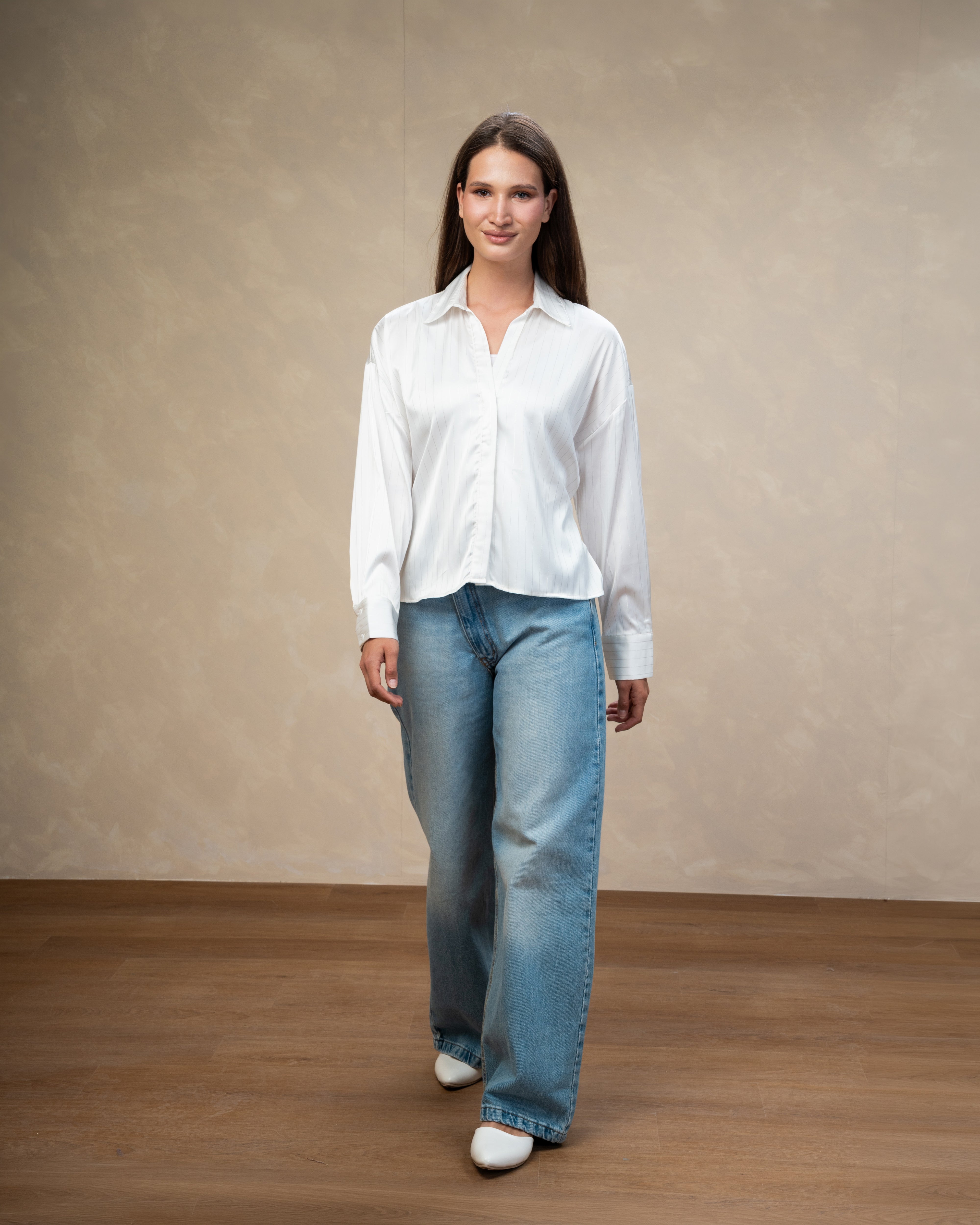 Short Striped Satin Shirt With - Double Button Sleeves
