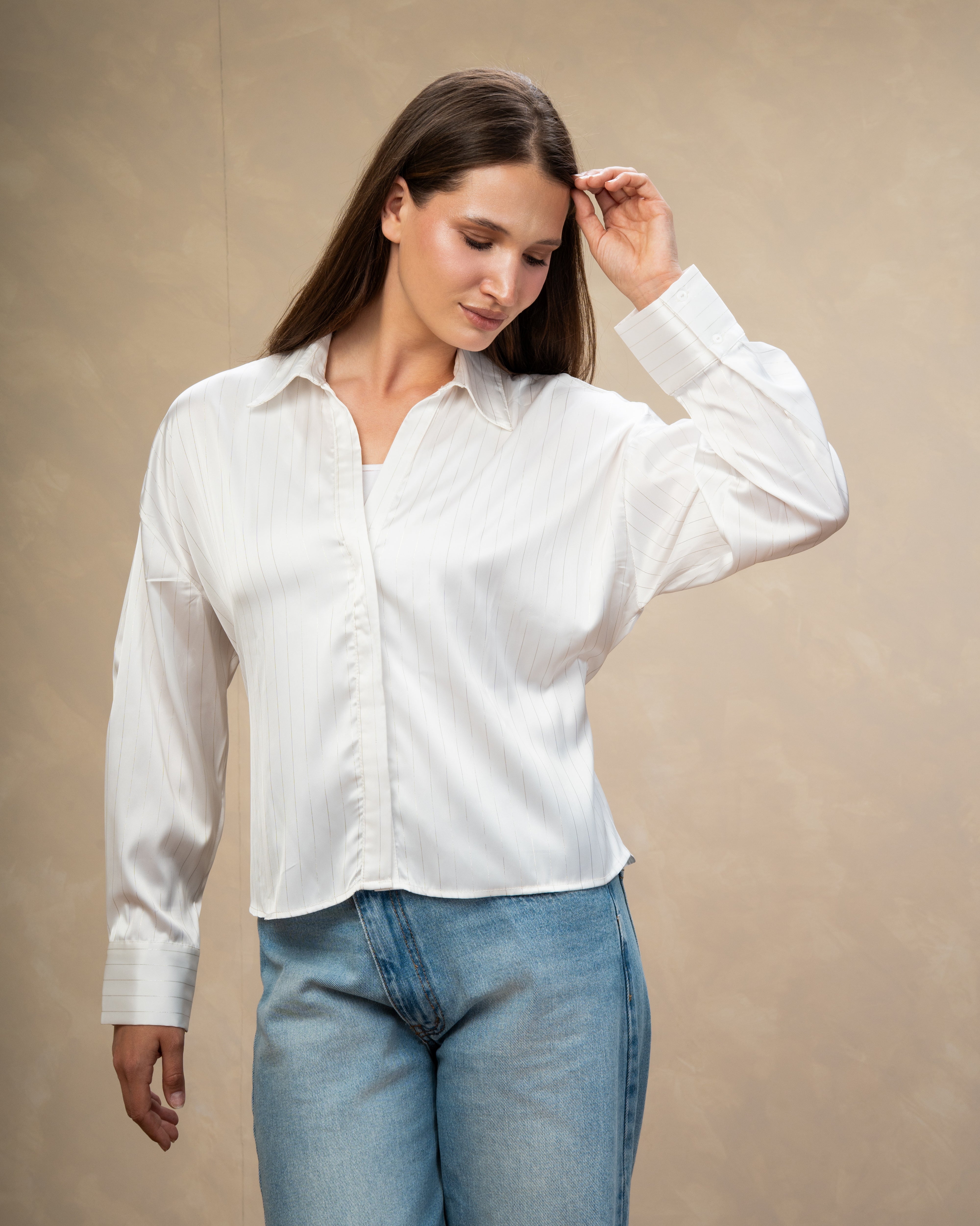 Short Striped Satin Shirt With - Double Button Sleeves
