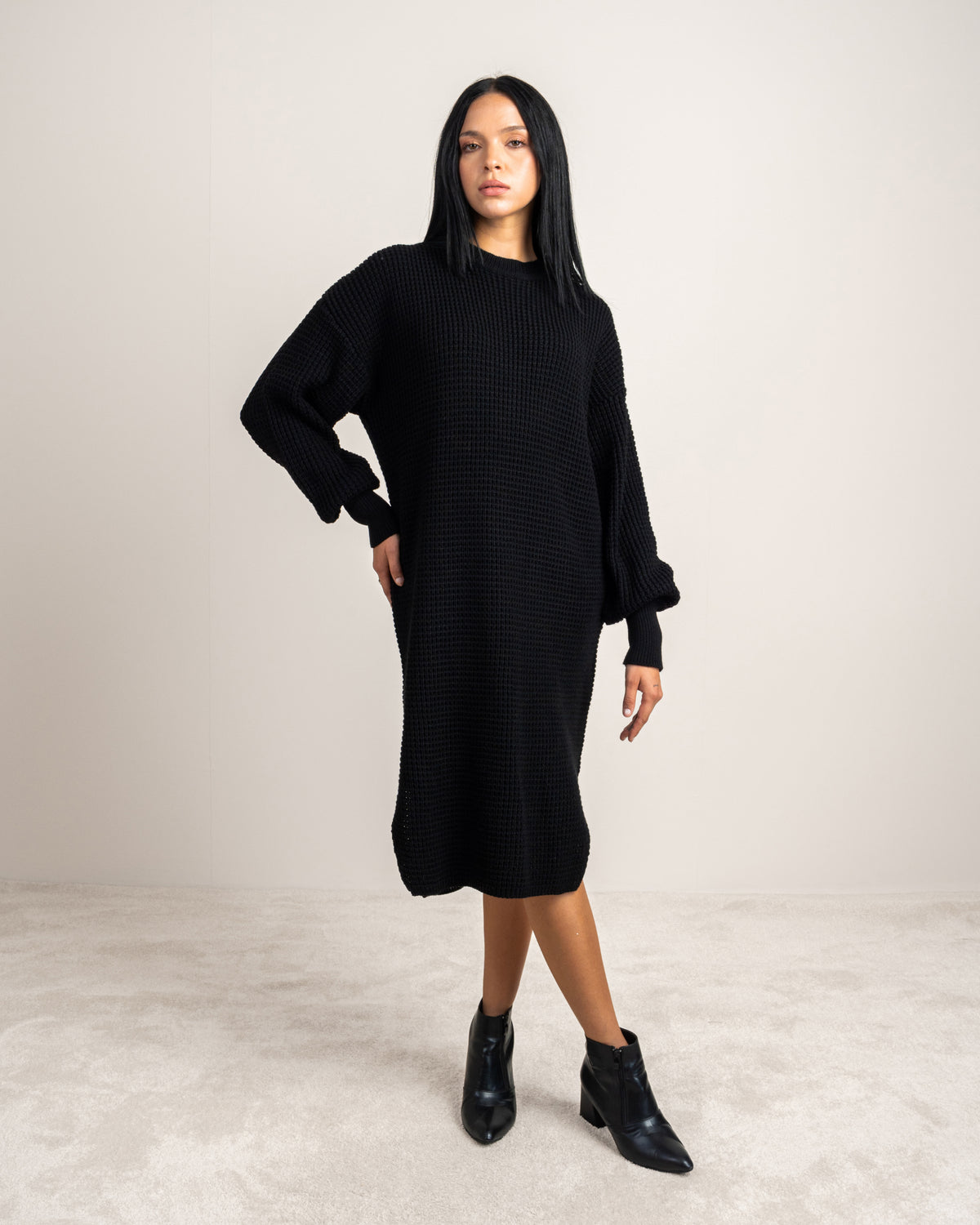 Plain Knitwear Dress - With Side Slits