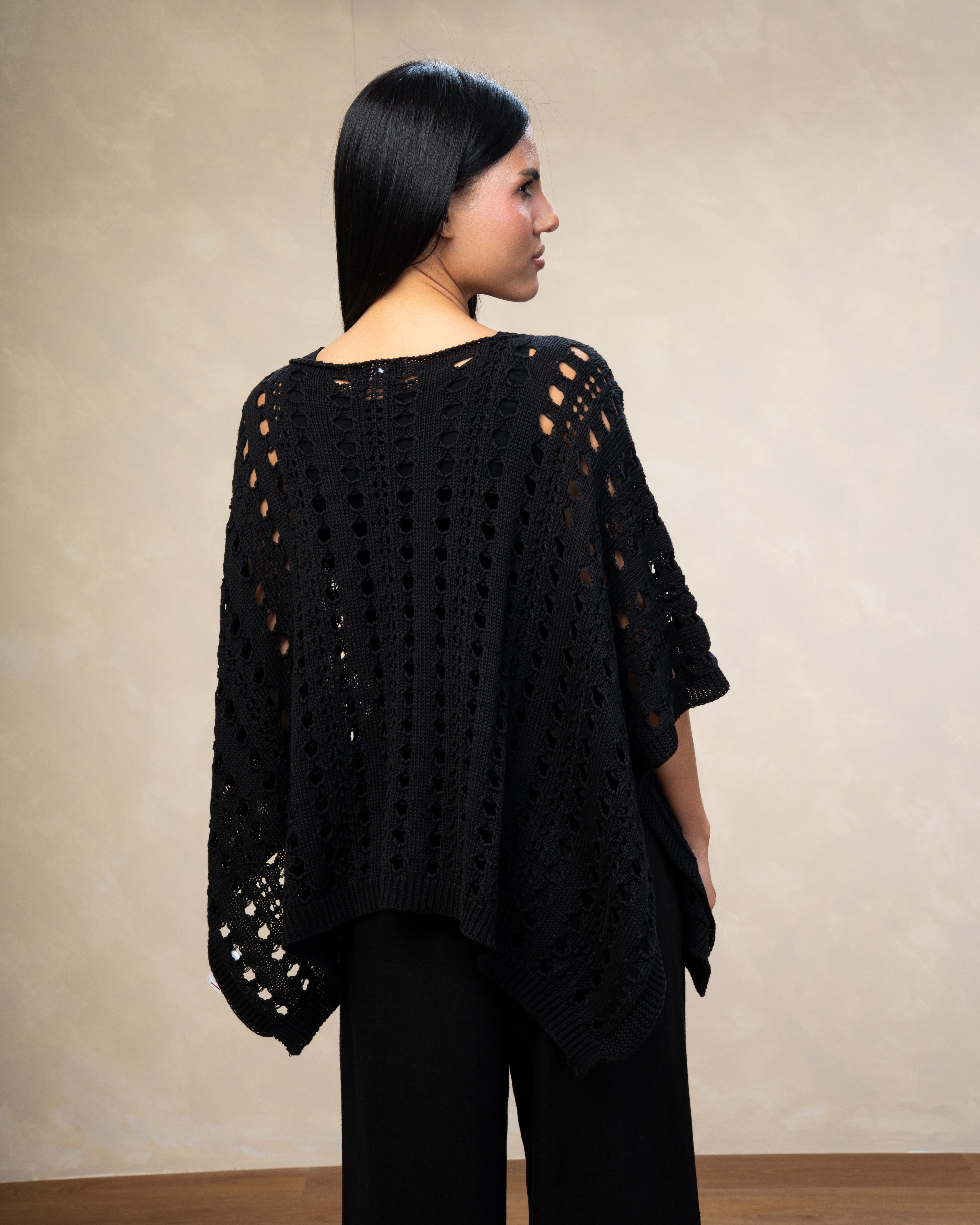 Open Knitwear Cardigan With Square Pattern And Tie