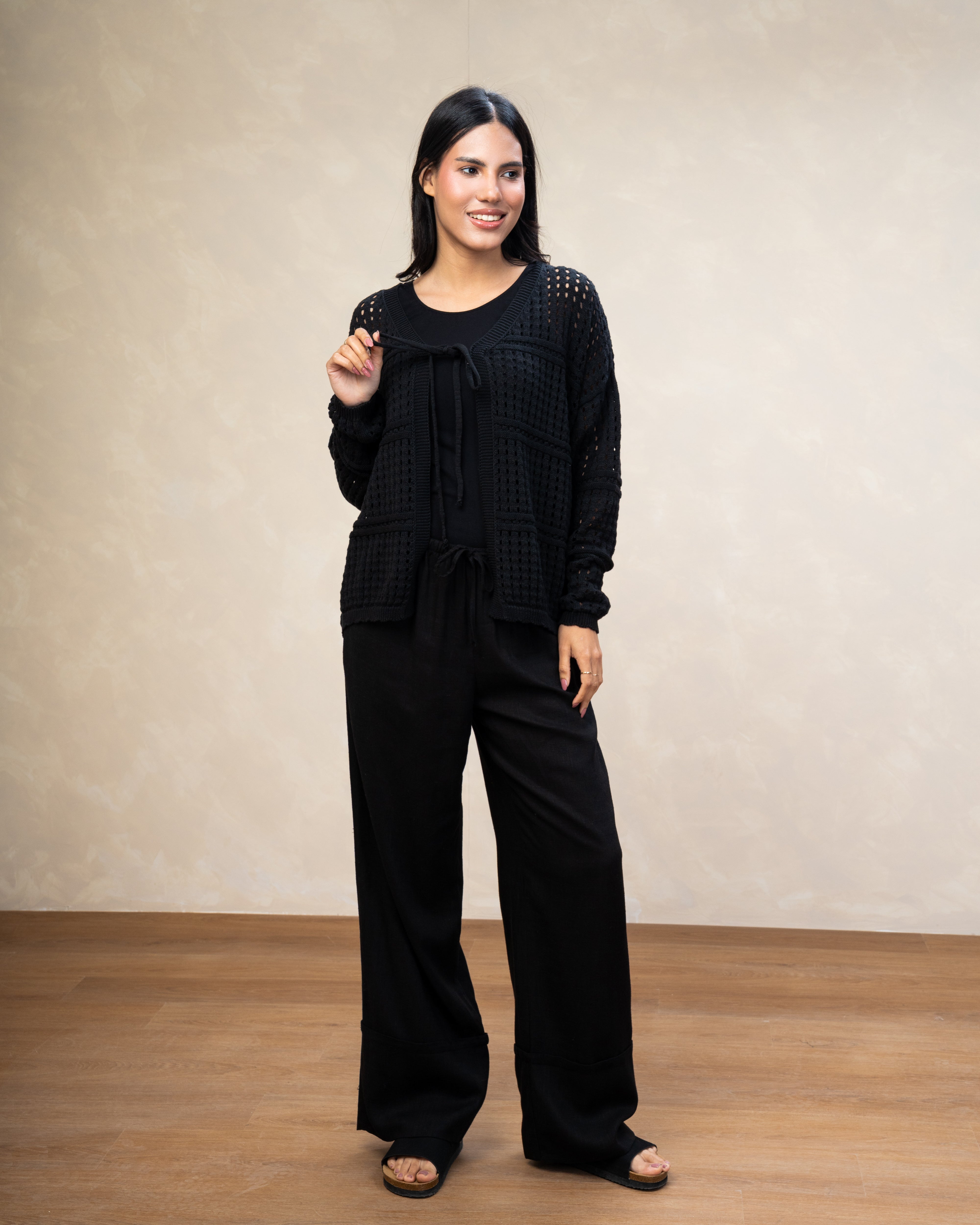 Open Knitwear Cardigan - With Square Pattern And Tie