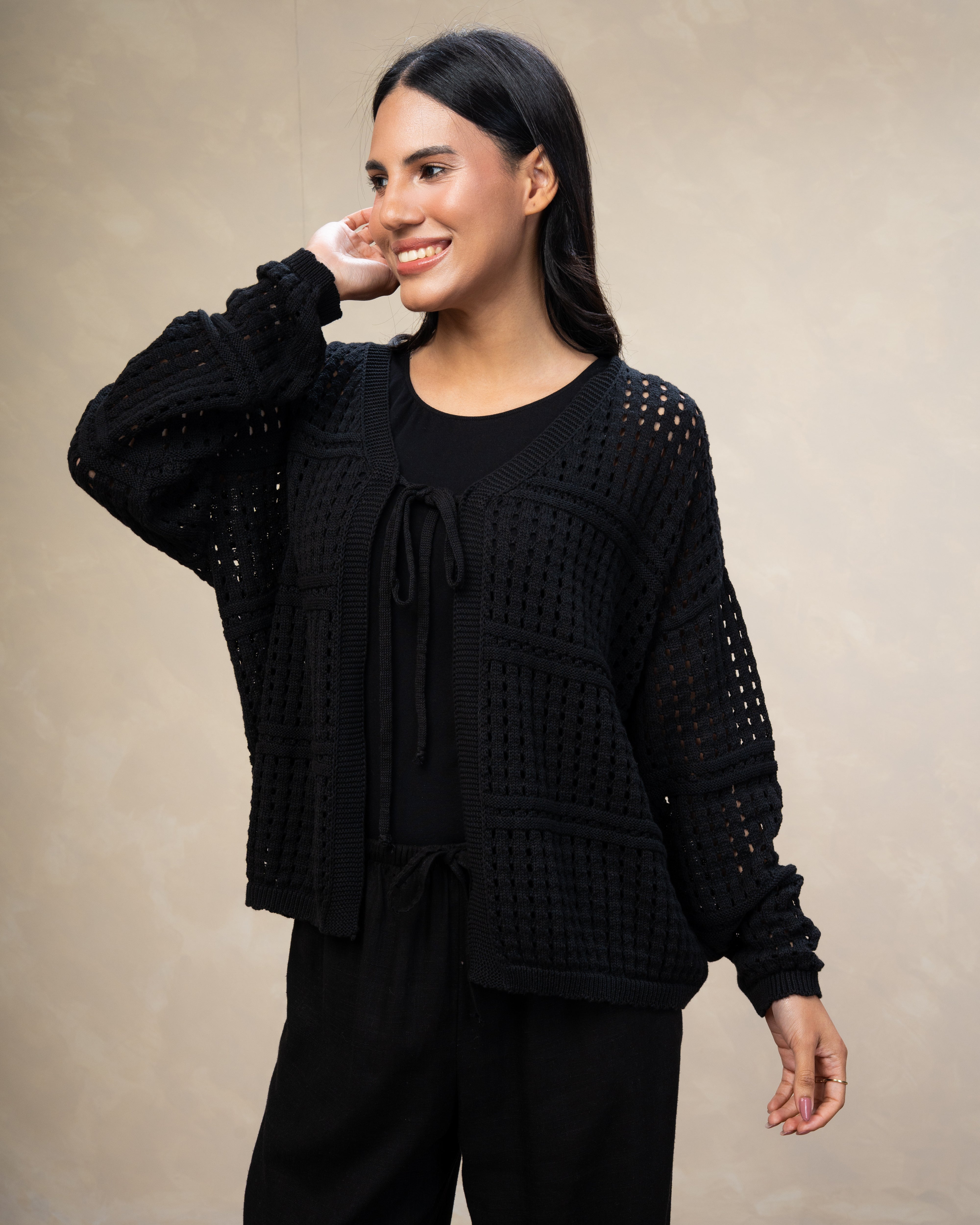 Open Knitwear Cardigan - With Square Pattern And Tie