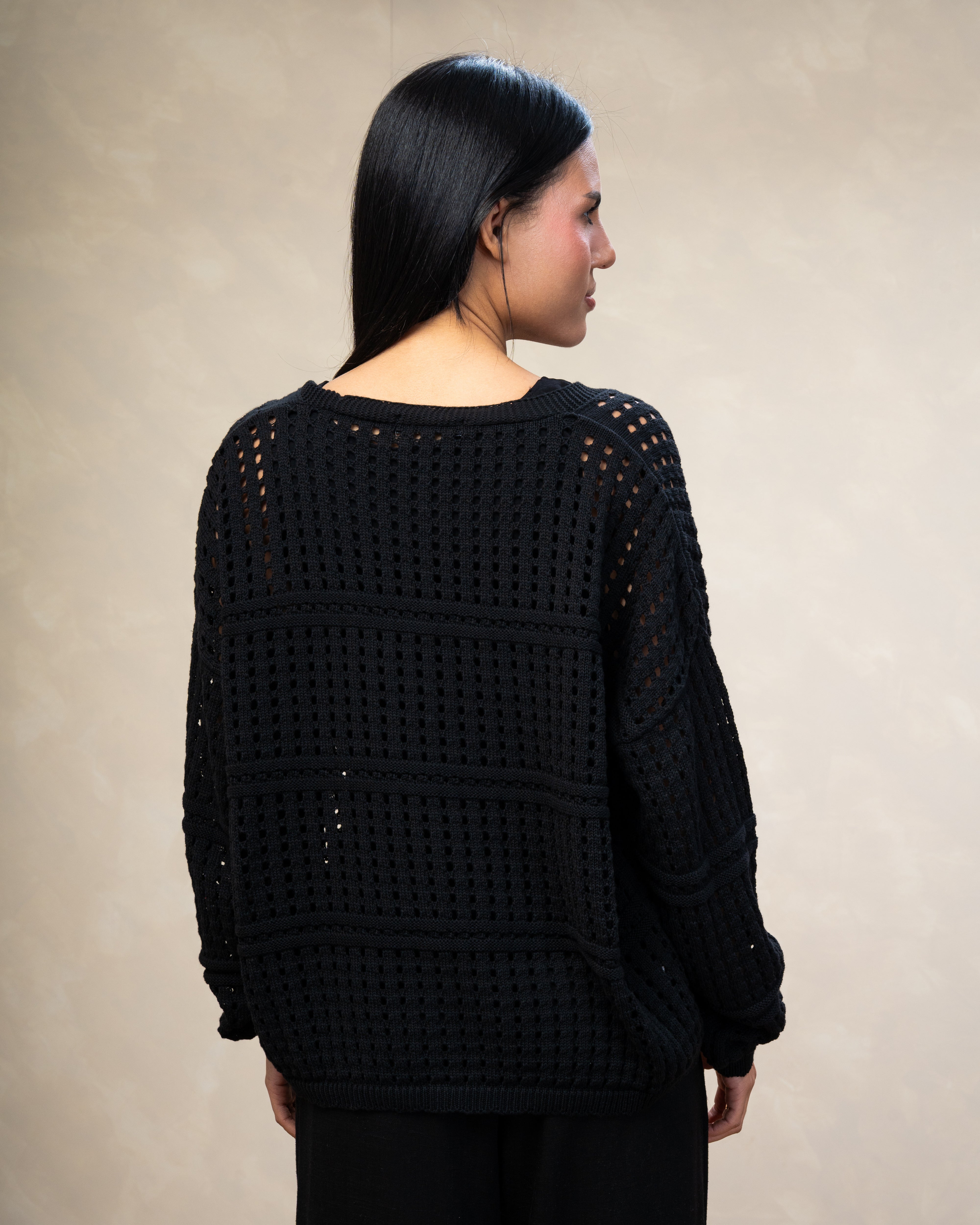 Open Knitwear Cardigan - With Square Pattern And Tie