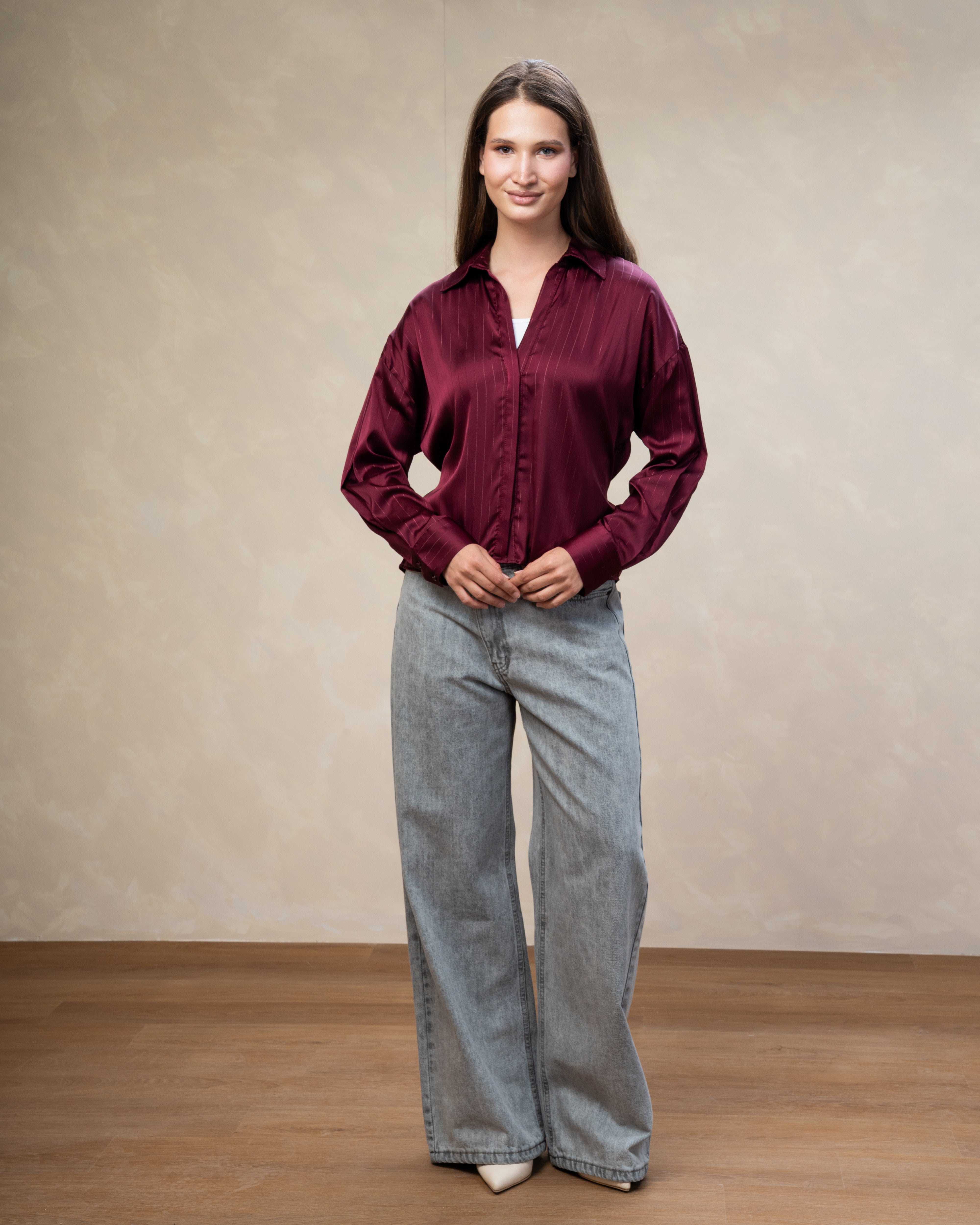 Short Striped Satin Shirt With - Double Button Sleeves