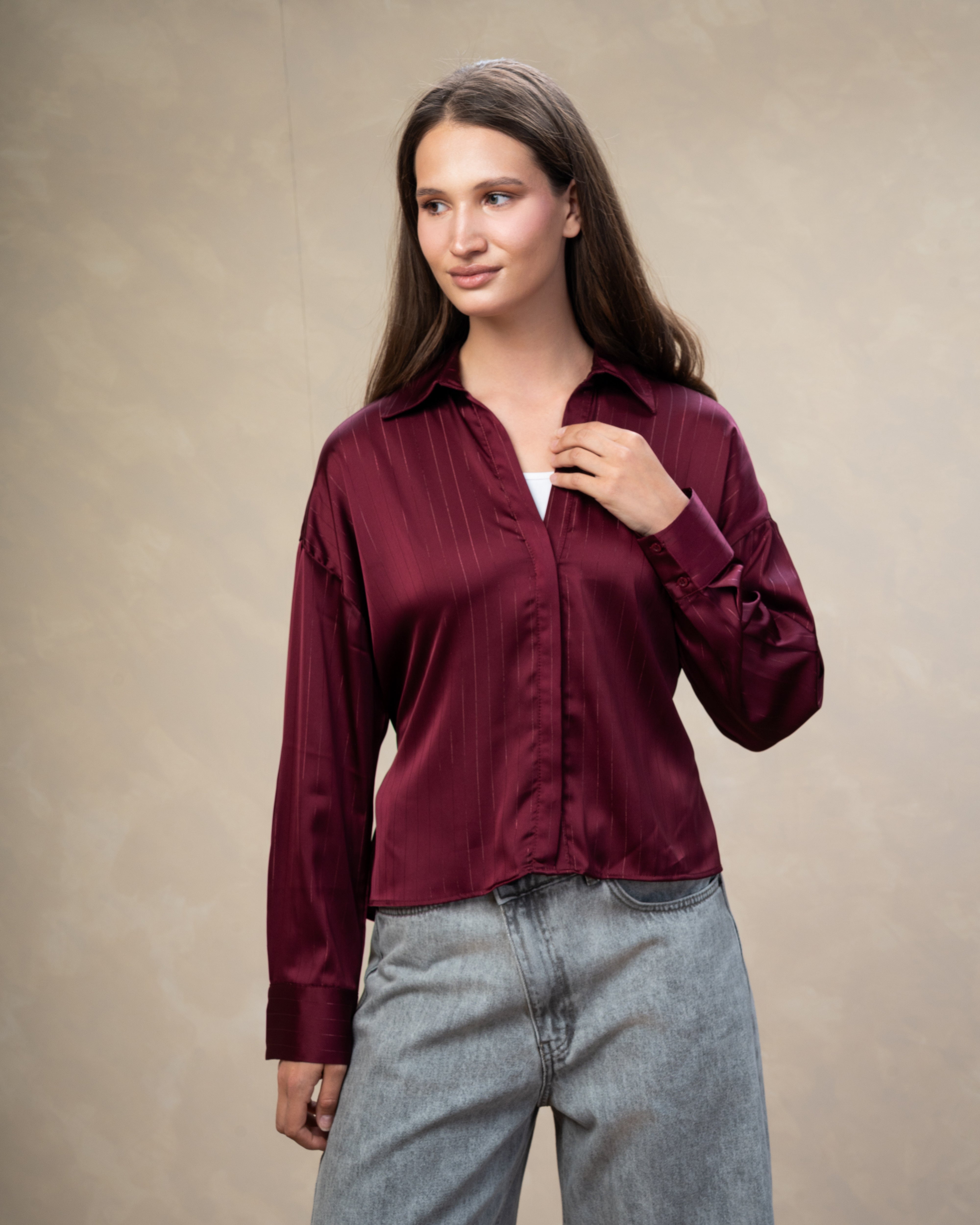 Short Striped Satin Shirt With - Double Button Sleeves