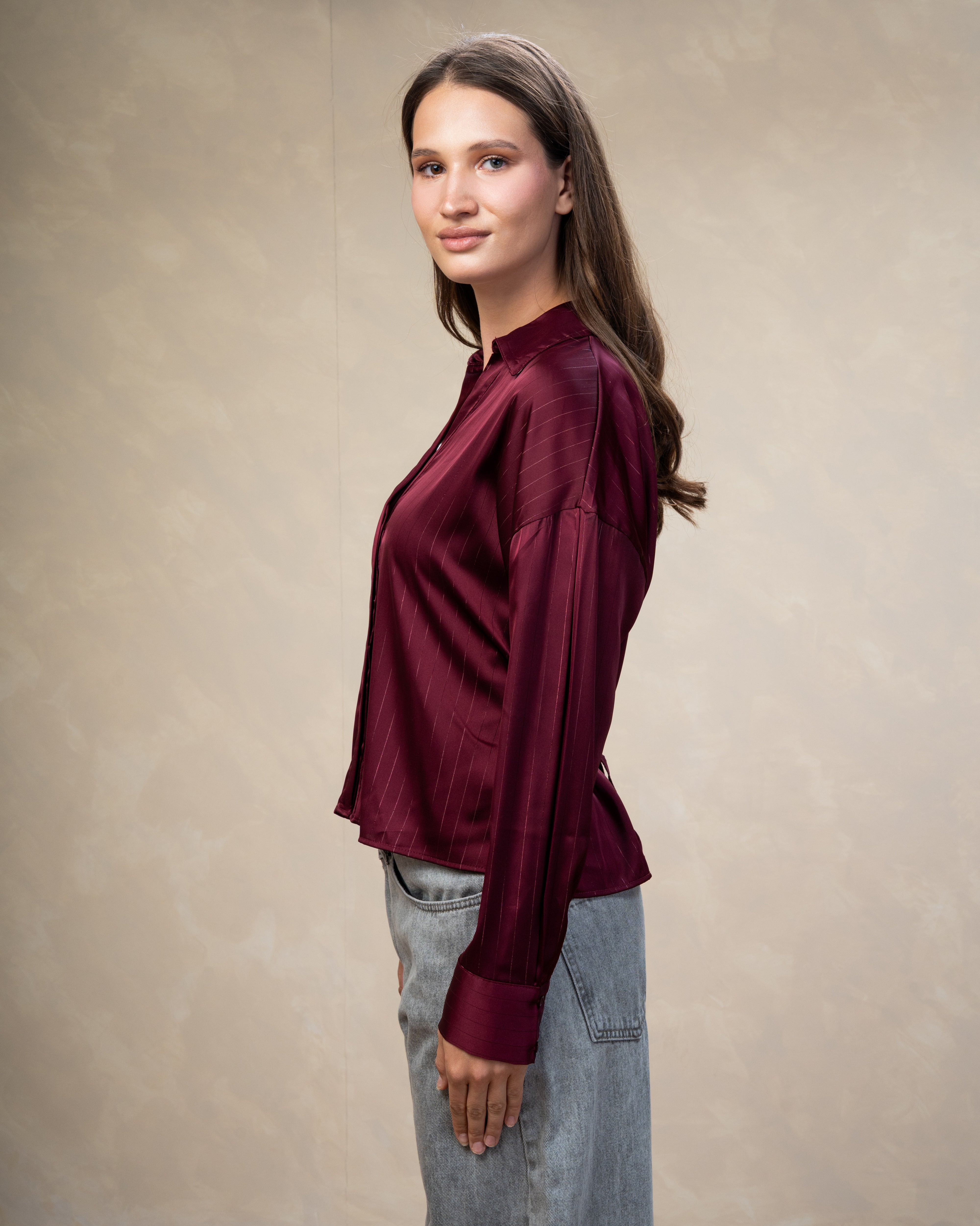 Short Striped Satin Shirt With - Double Button Sleeves