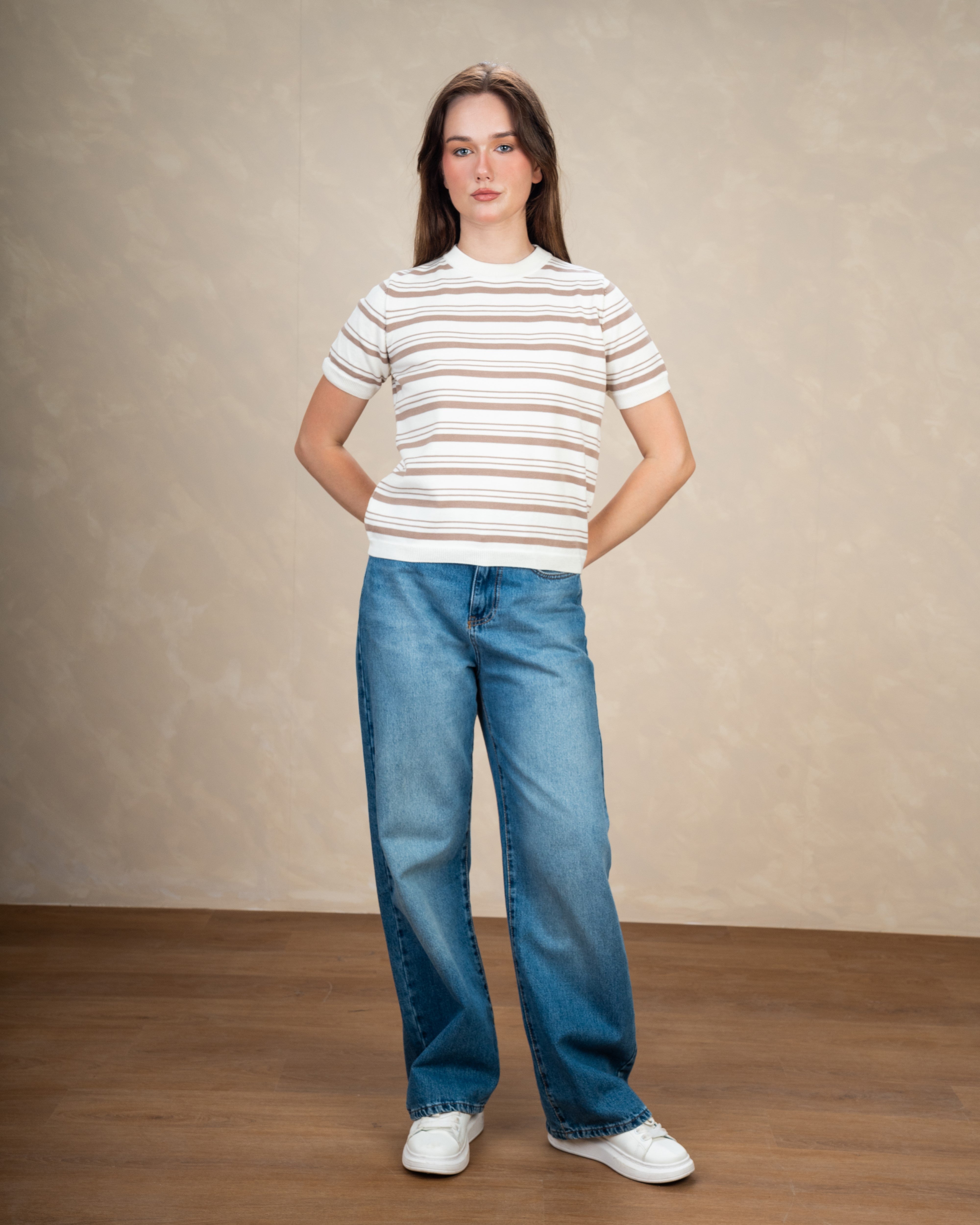 Basic Round Neck Top With Patterned Stripes