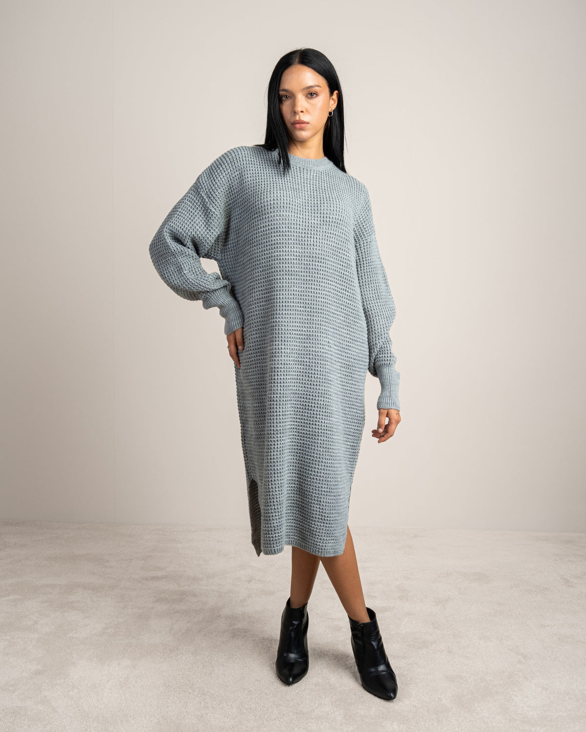 Plain Knitwear Dress - With Side Slits