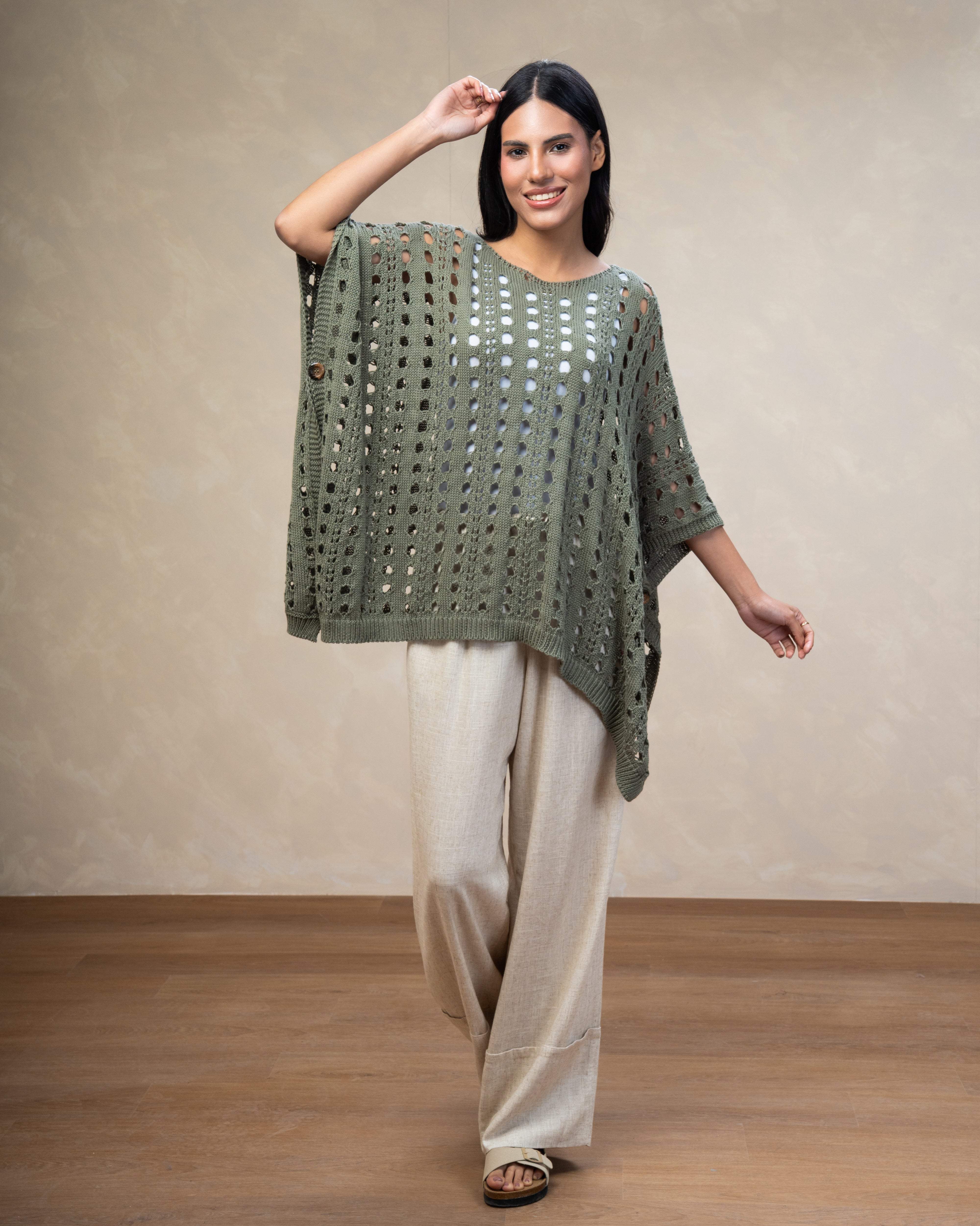 Open Knitwear Cardigan With Square Pattern And Tie