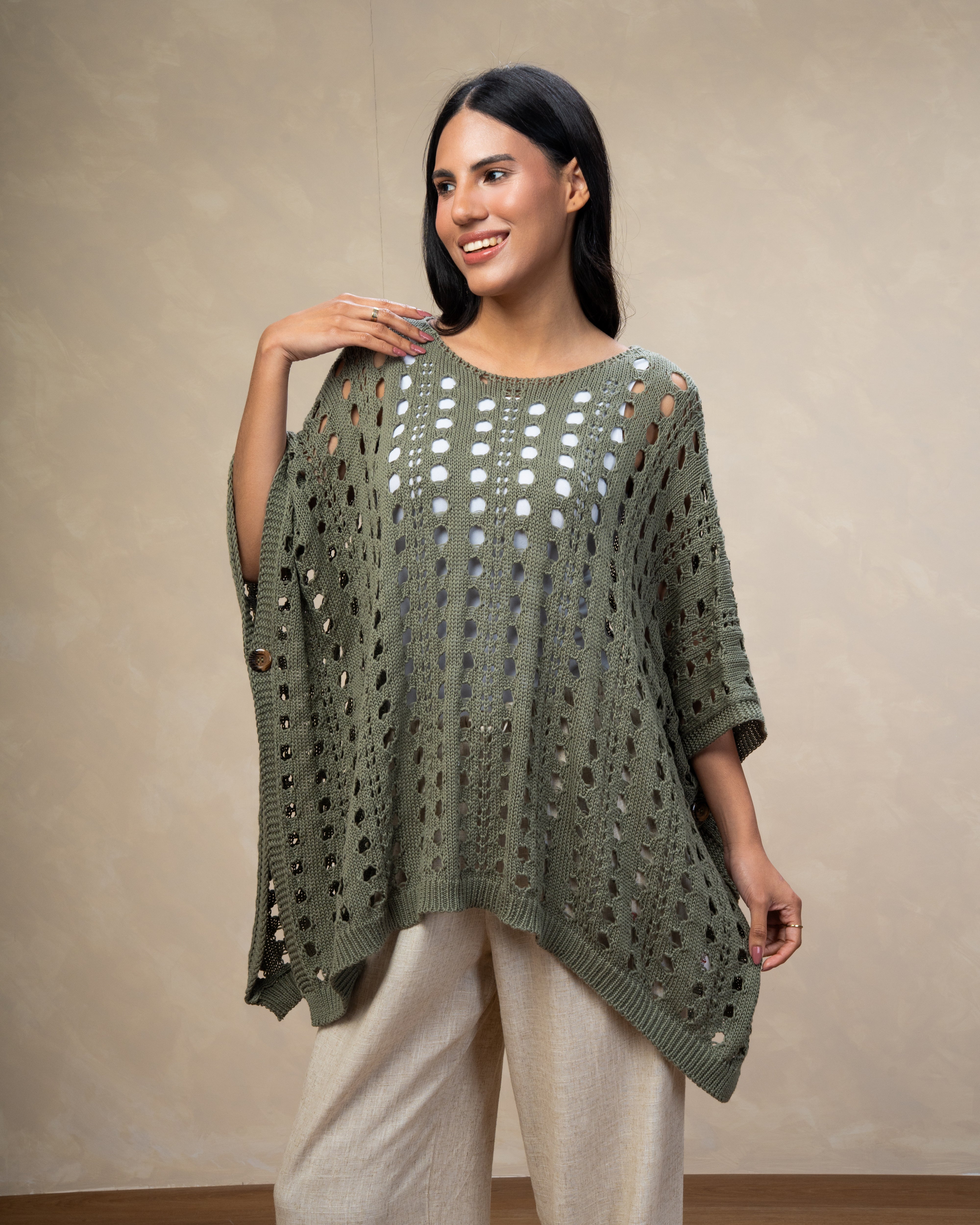 Open Knitwear Cardigan With Square Pattern And Tie