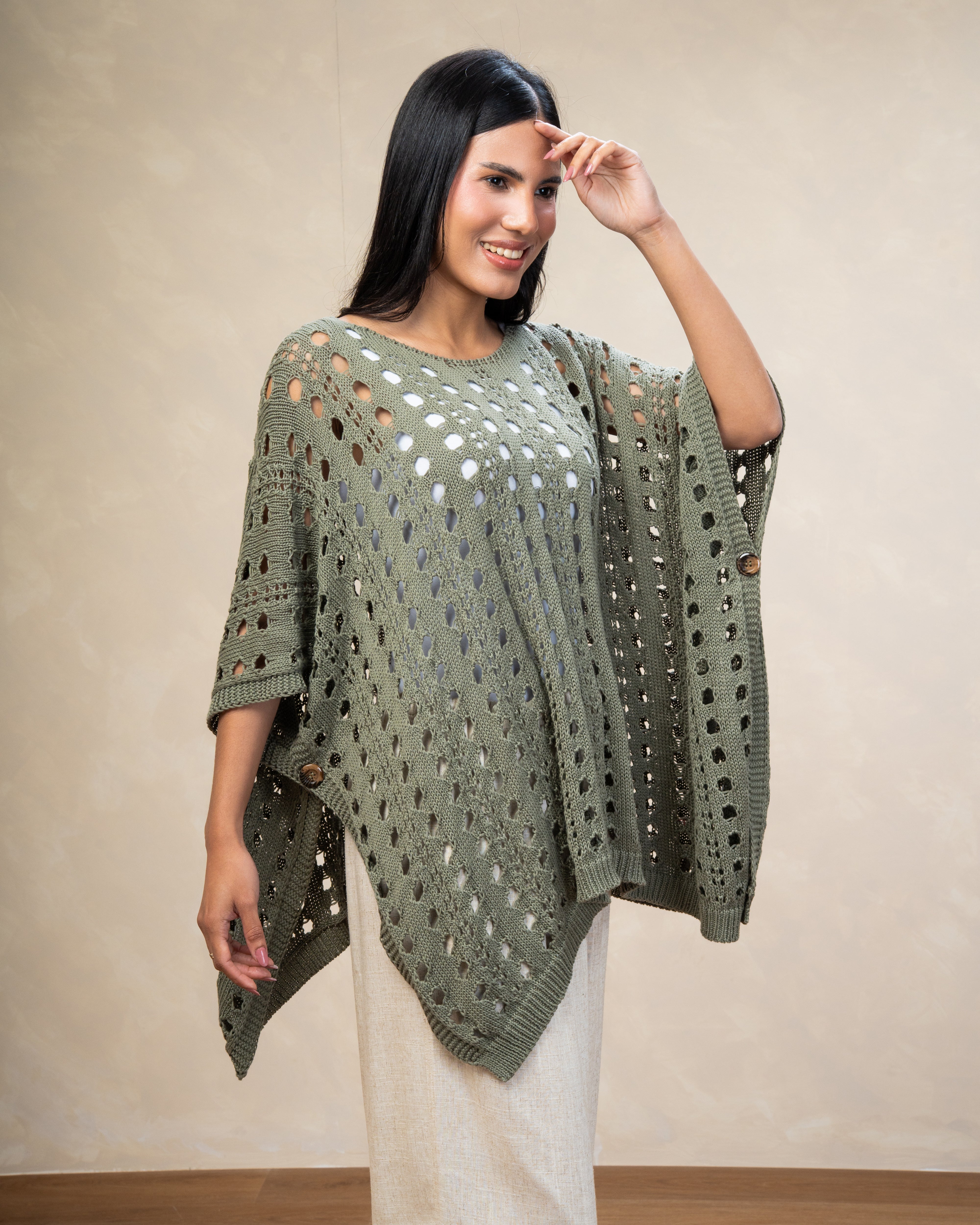 Open Knitwear Cardigan With Square Pattern And Tie