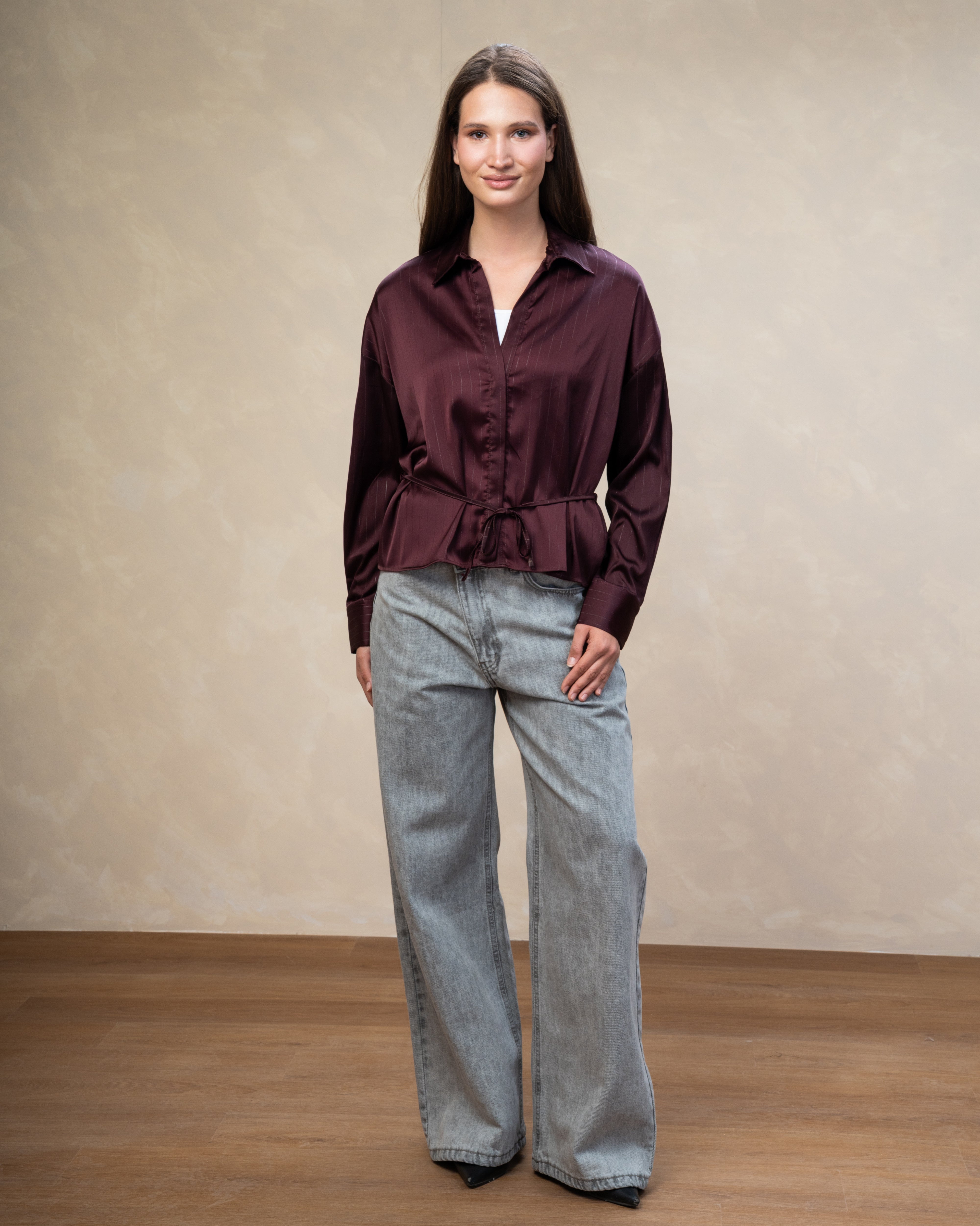 Short Striped Satin Shirt With - Double Button Sleeves