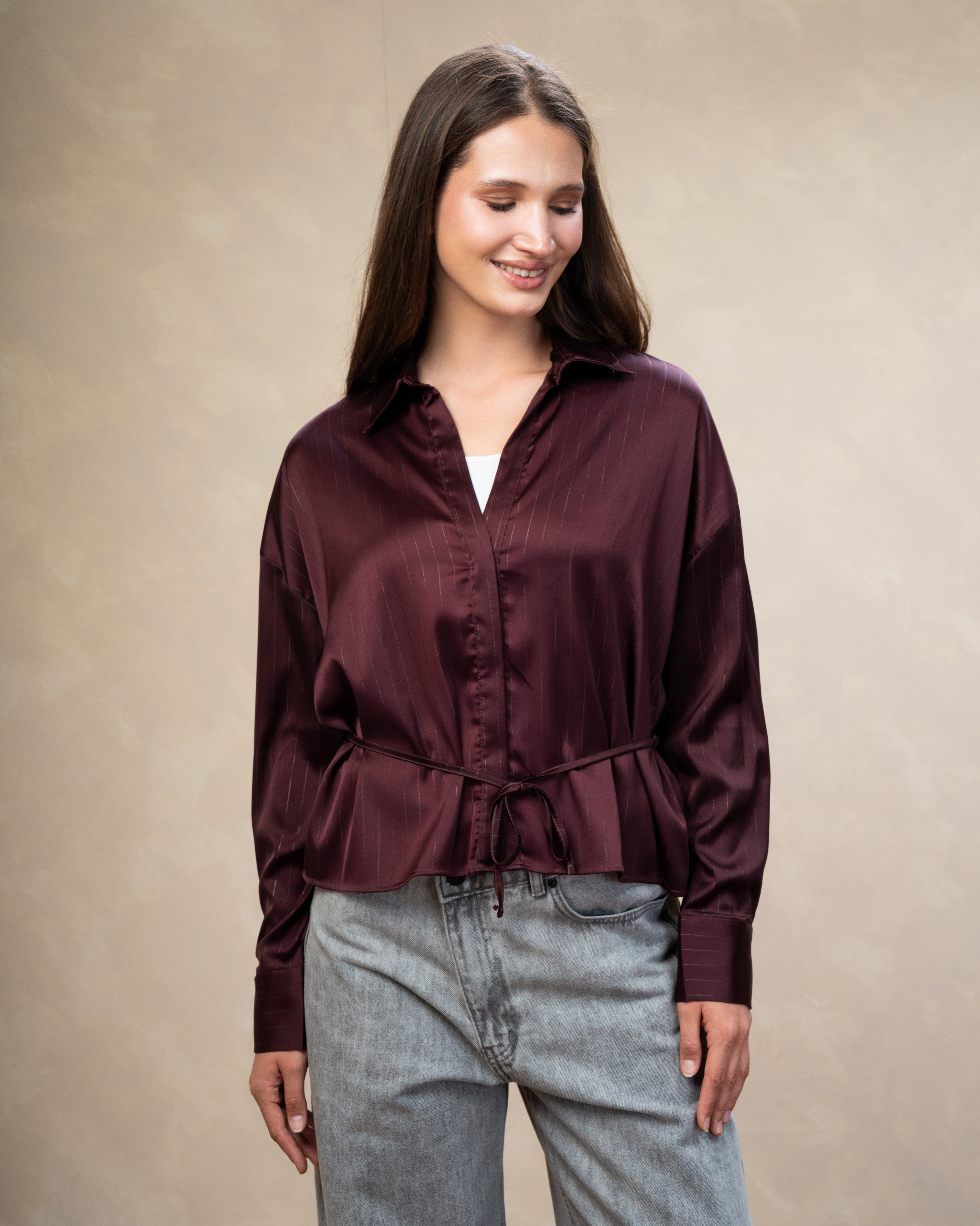 Short Striped Satin Shirt With - Double Button Sleeves