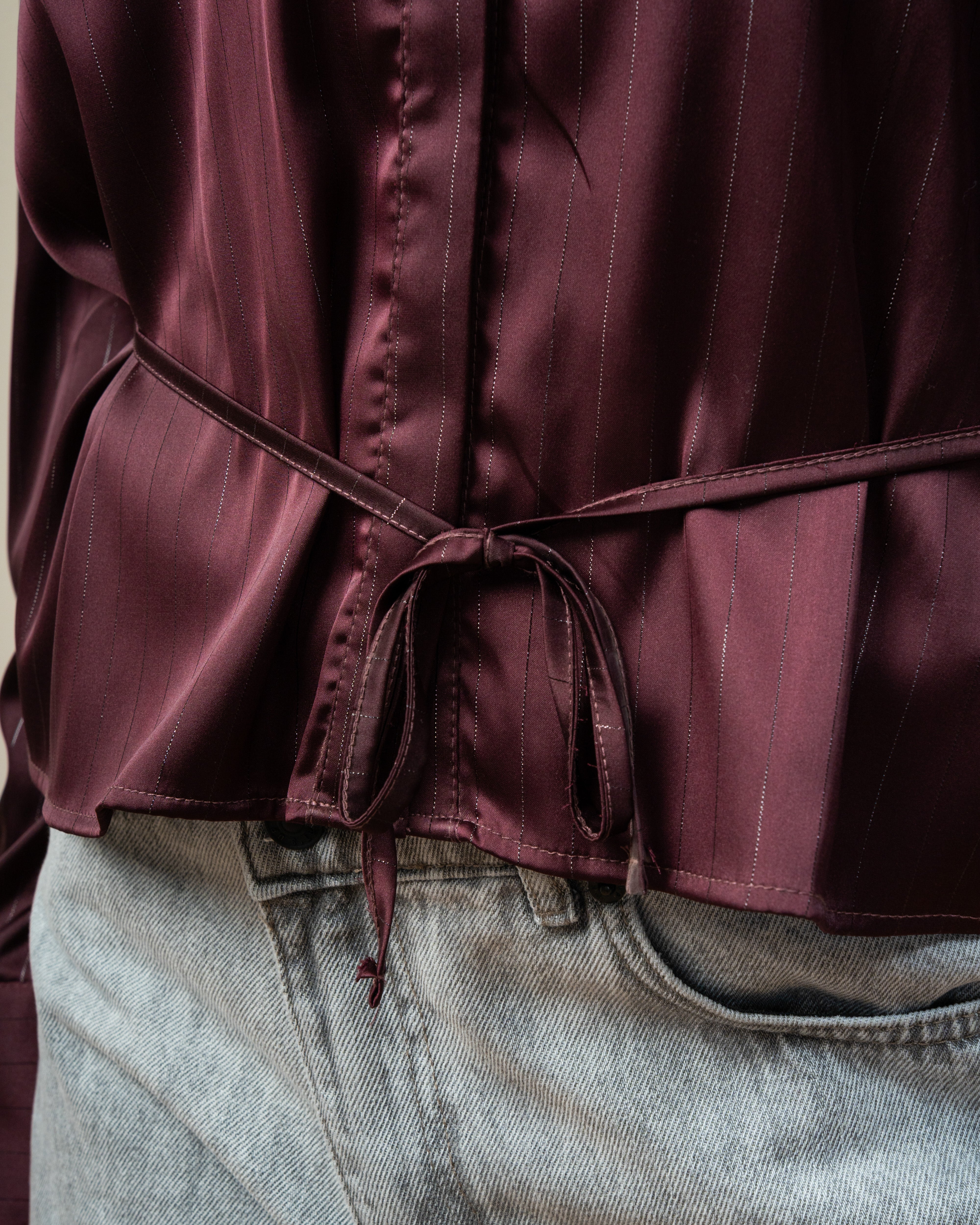 Short Striped Satin Shirt With - Double Button Sleeves