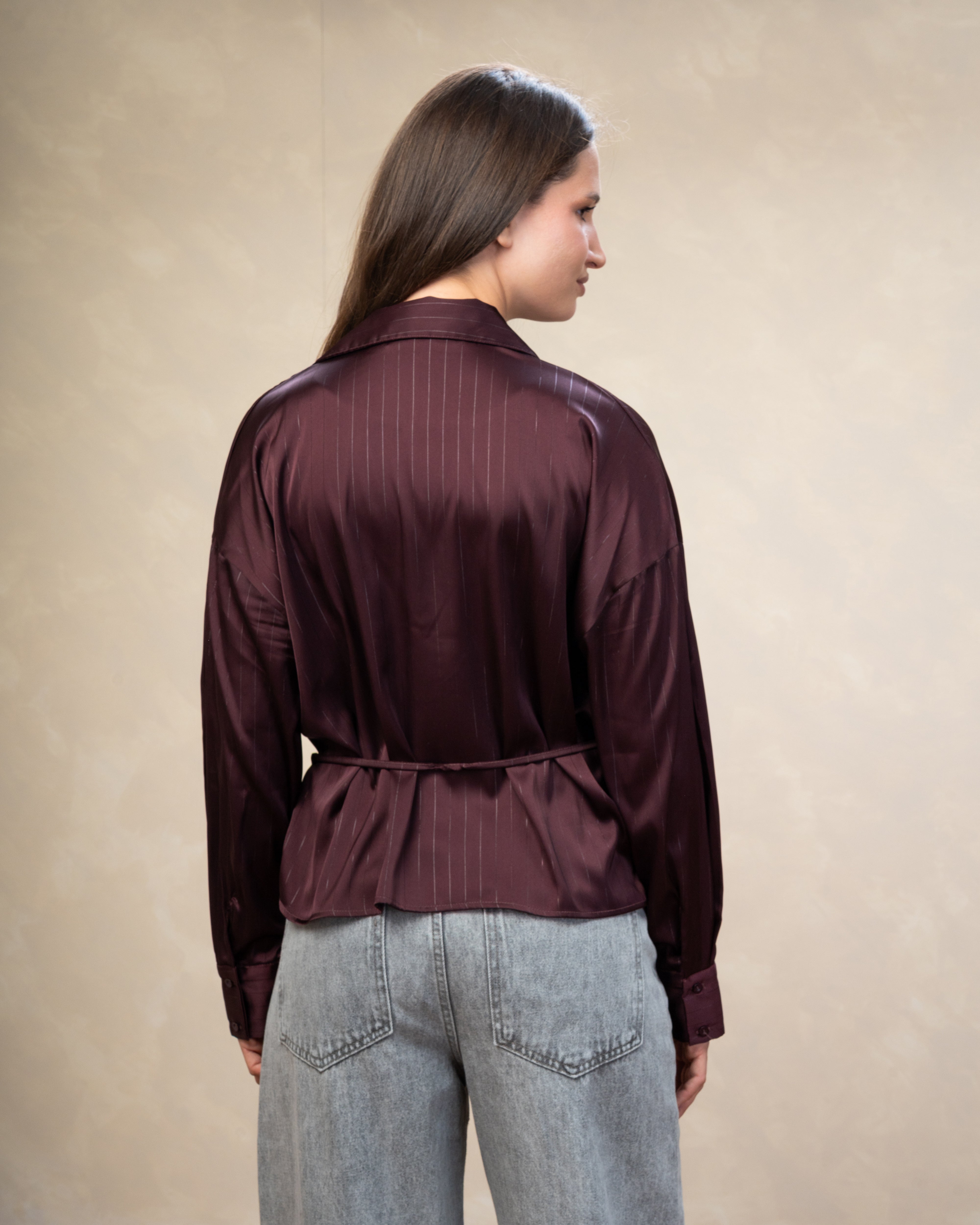 Short Striped Satin Shirt With - Double Button Sleeves