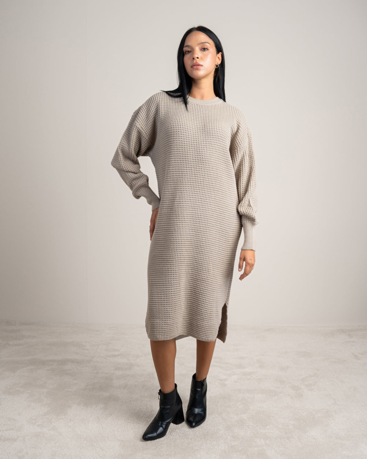 Plain Knitwear Dress - With Side Slits