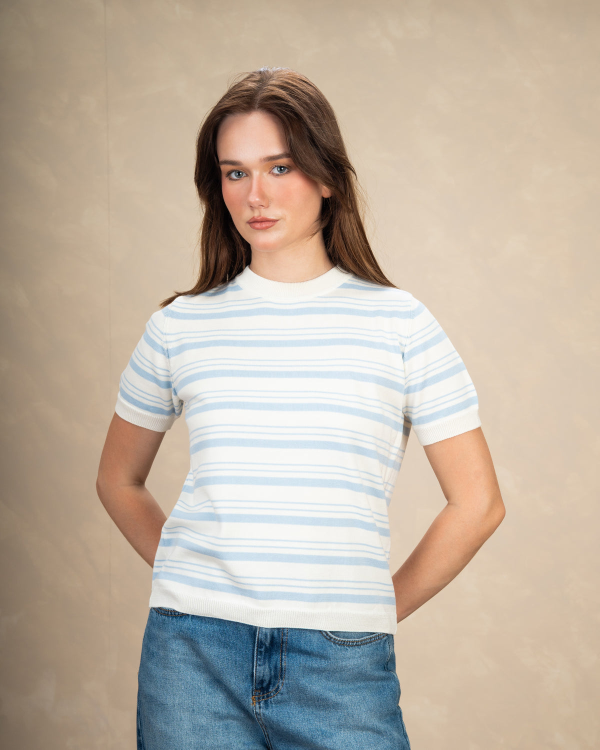 Basic Round Neck Top With Patterned Stripes