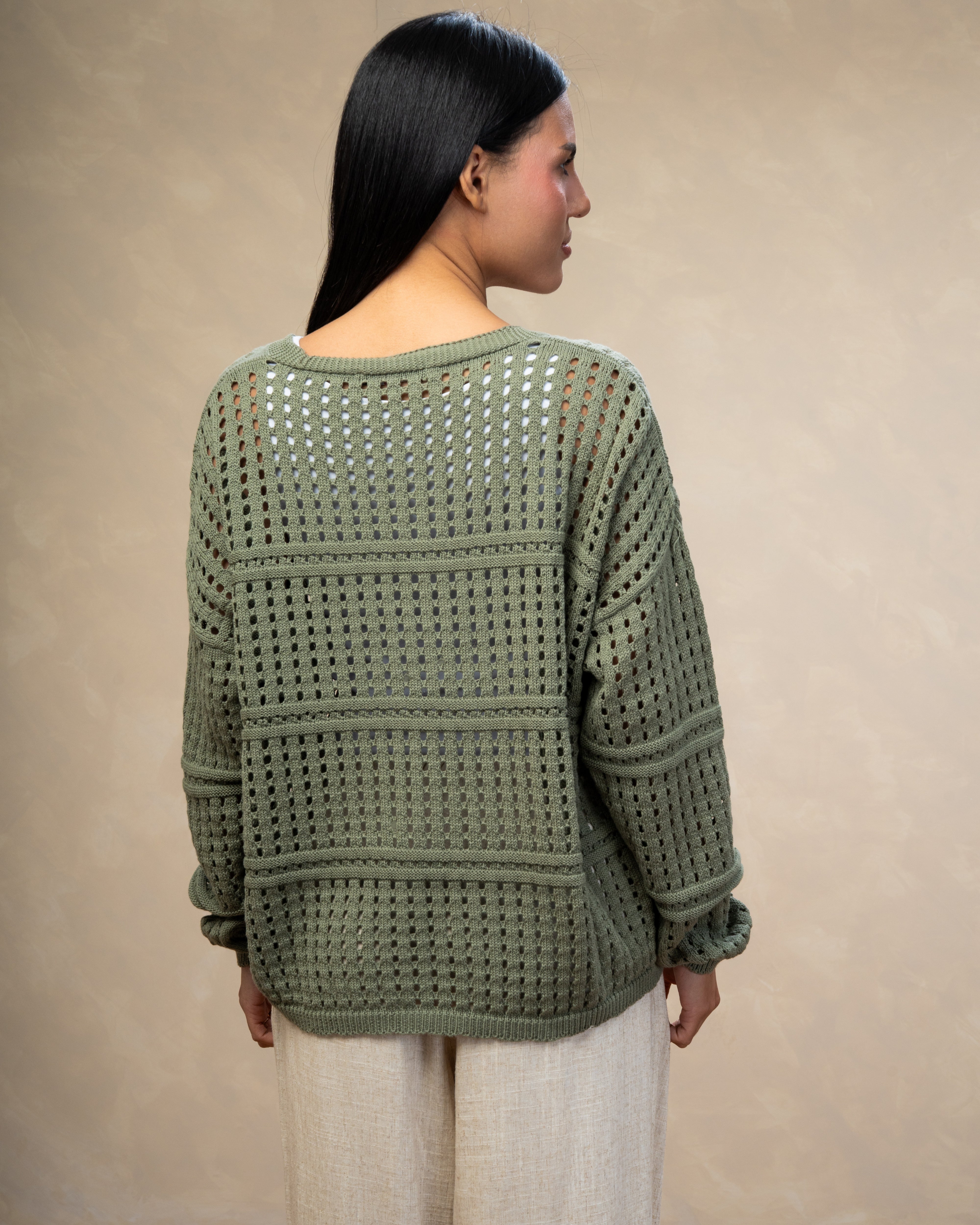 Open Knitwear Cardigan - With Square Pattern And Tie