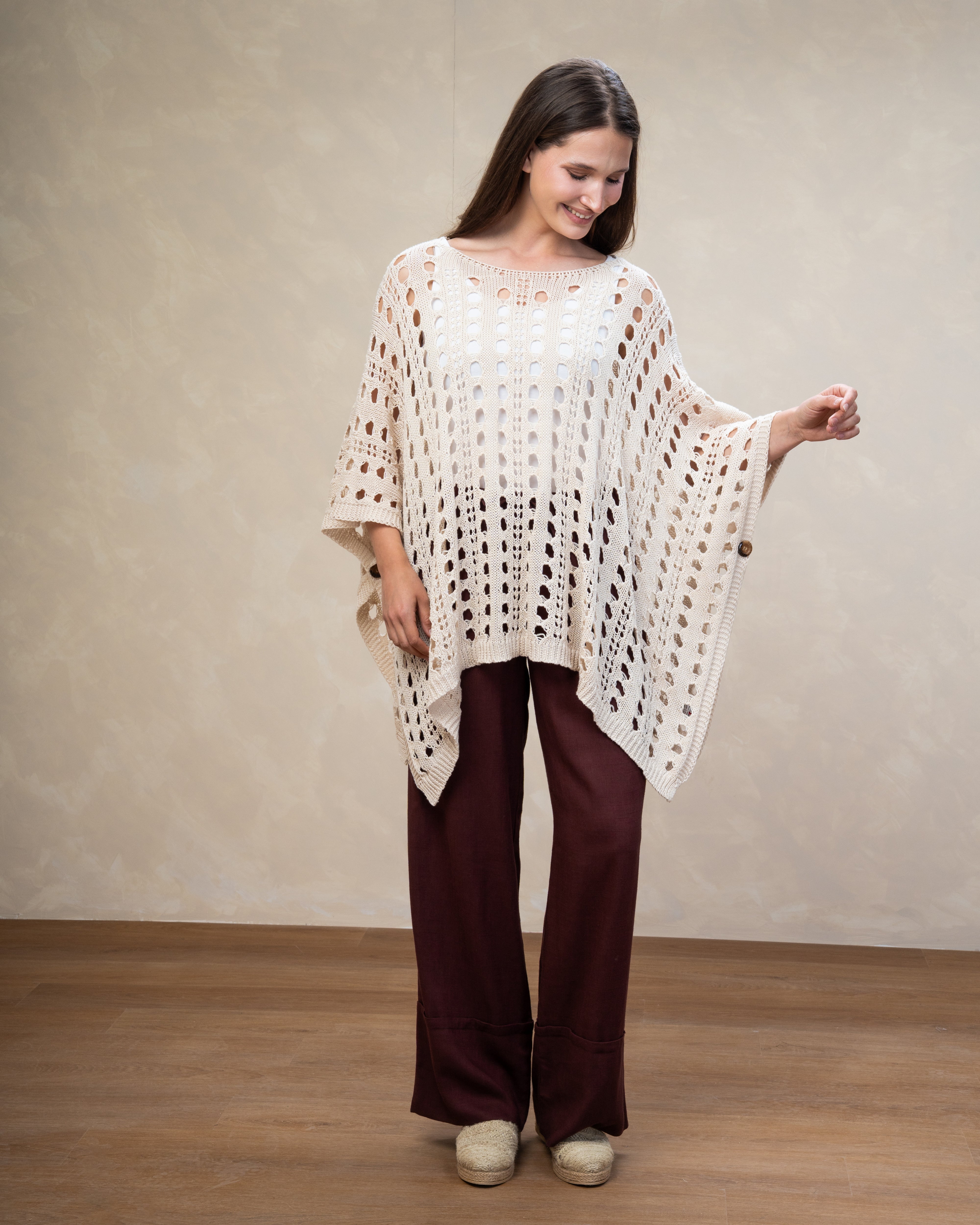 Open Knitwear Cardigan With Square Pattern And Tie