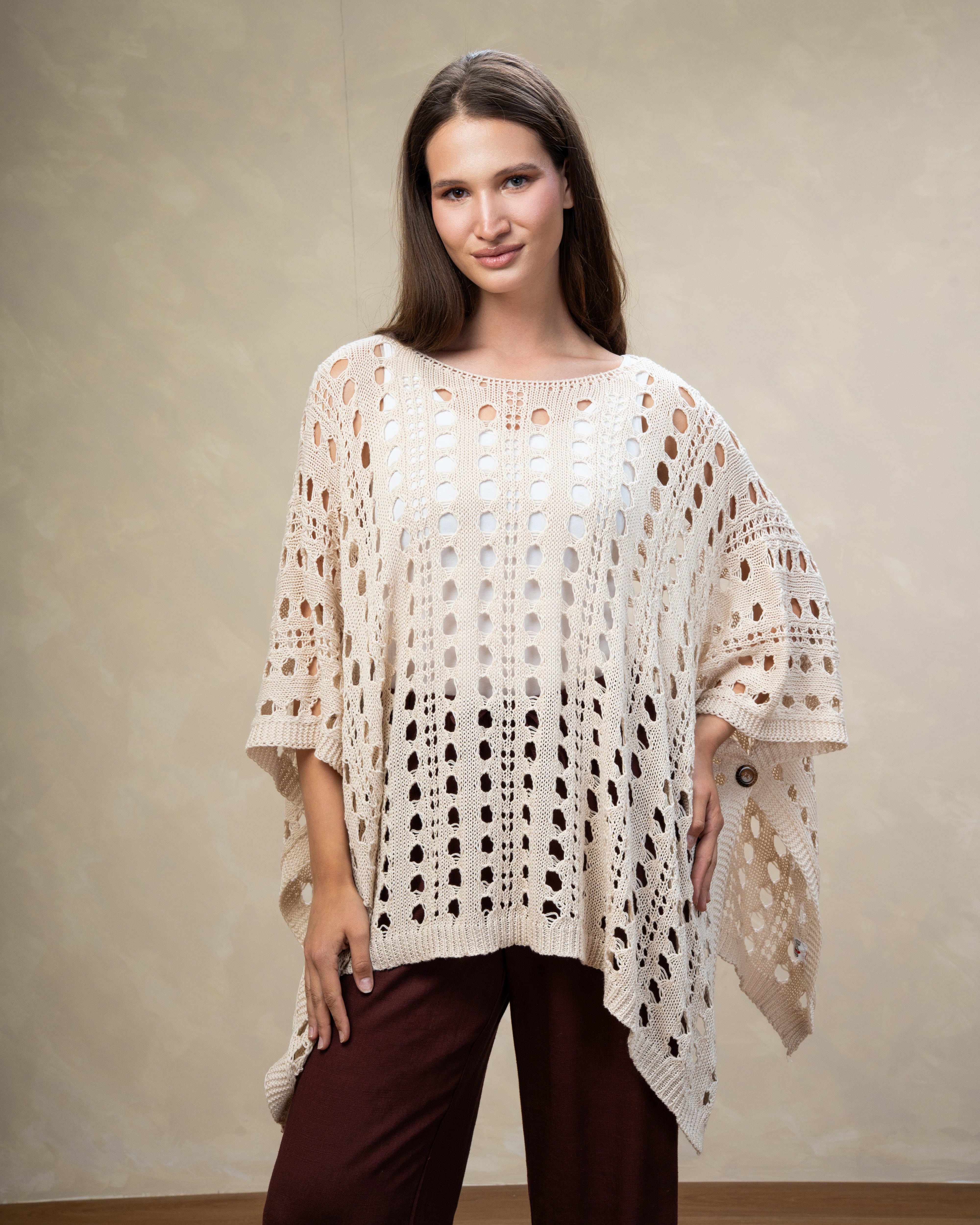 Open Knitwear Cardigan With Square Pattern And Tie
