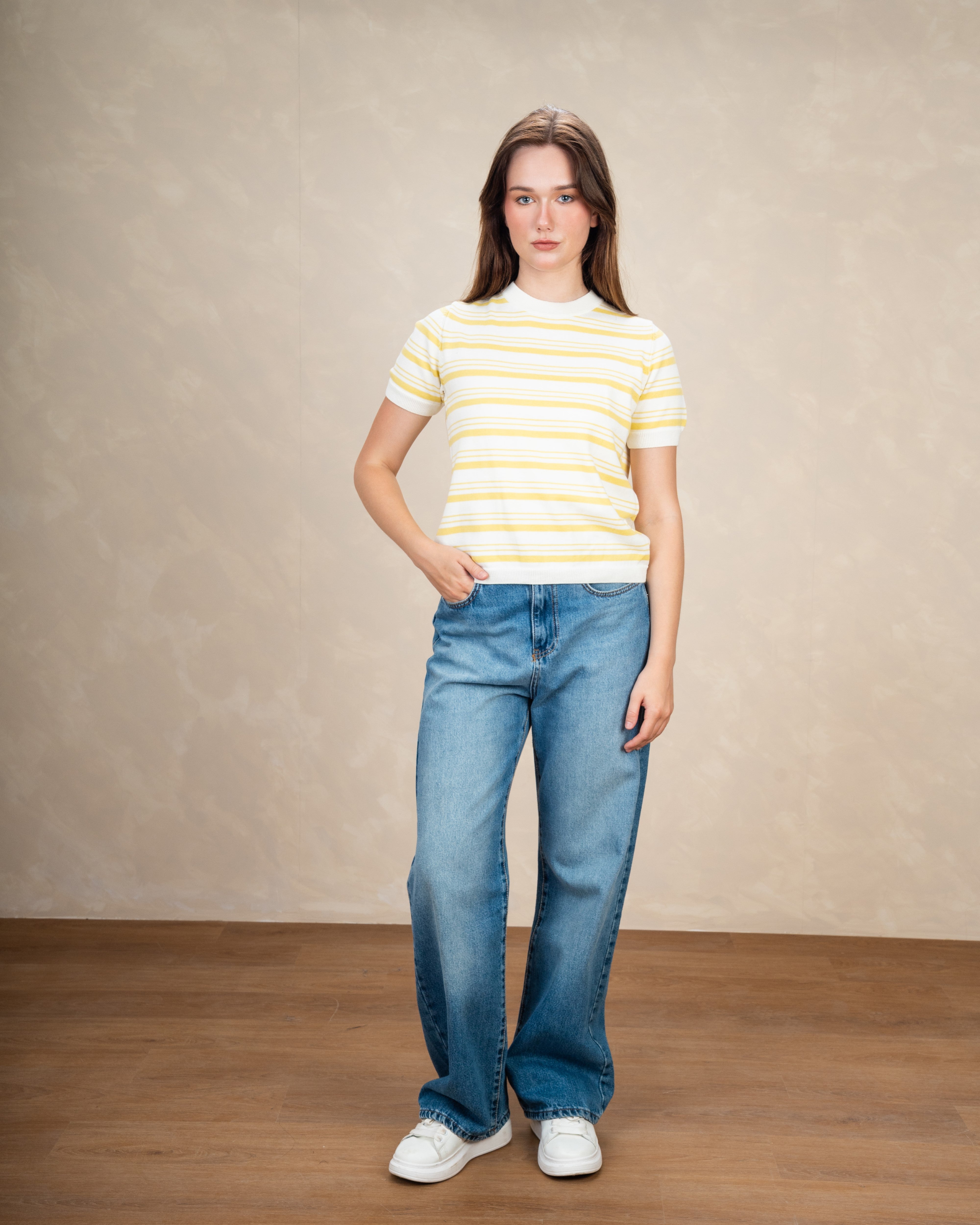 Basic Round Neck Top With Patterned Stripes