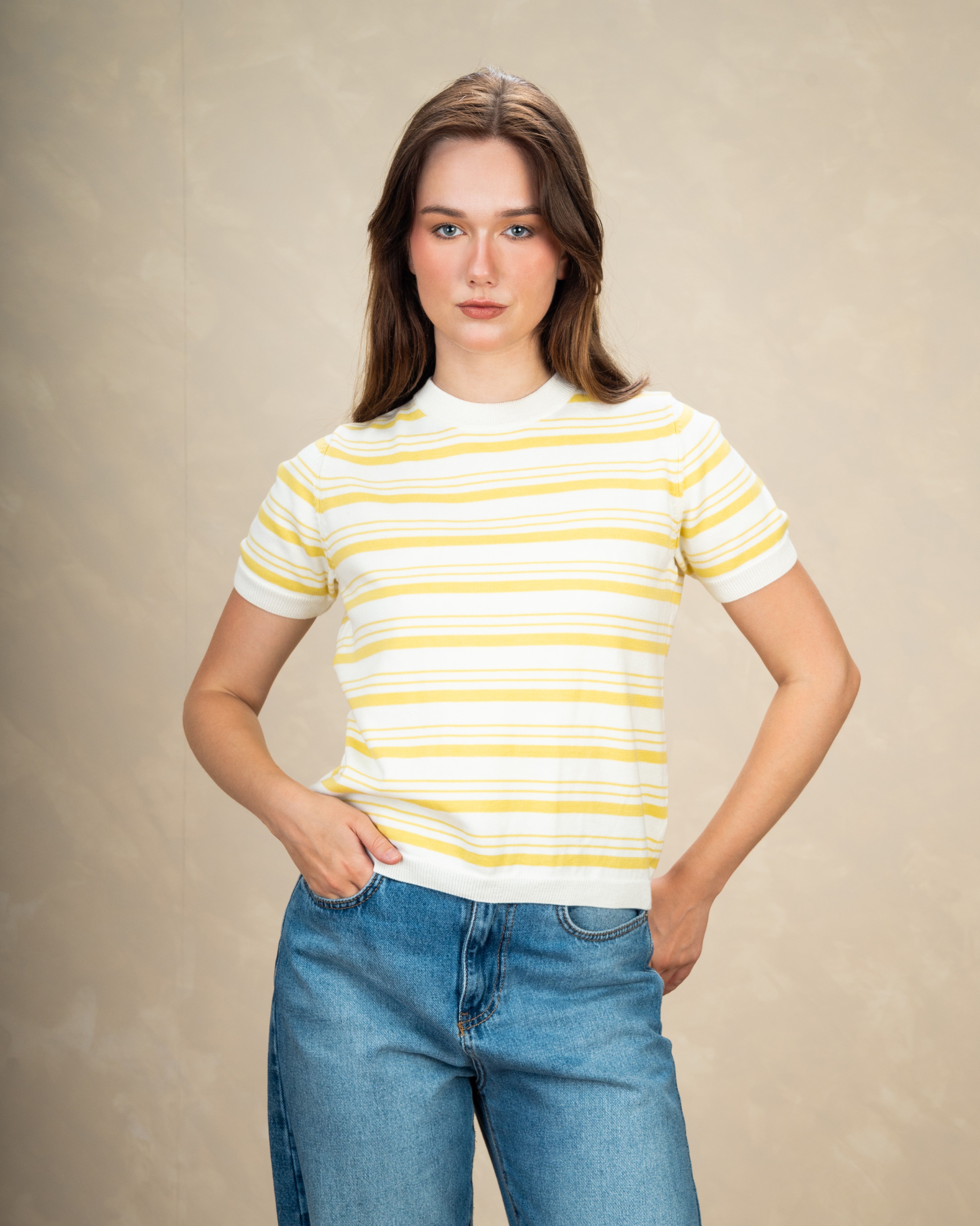 Basic Round Neck Top With Patterned Stripes