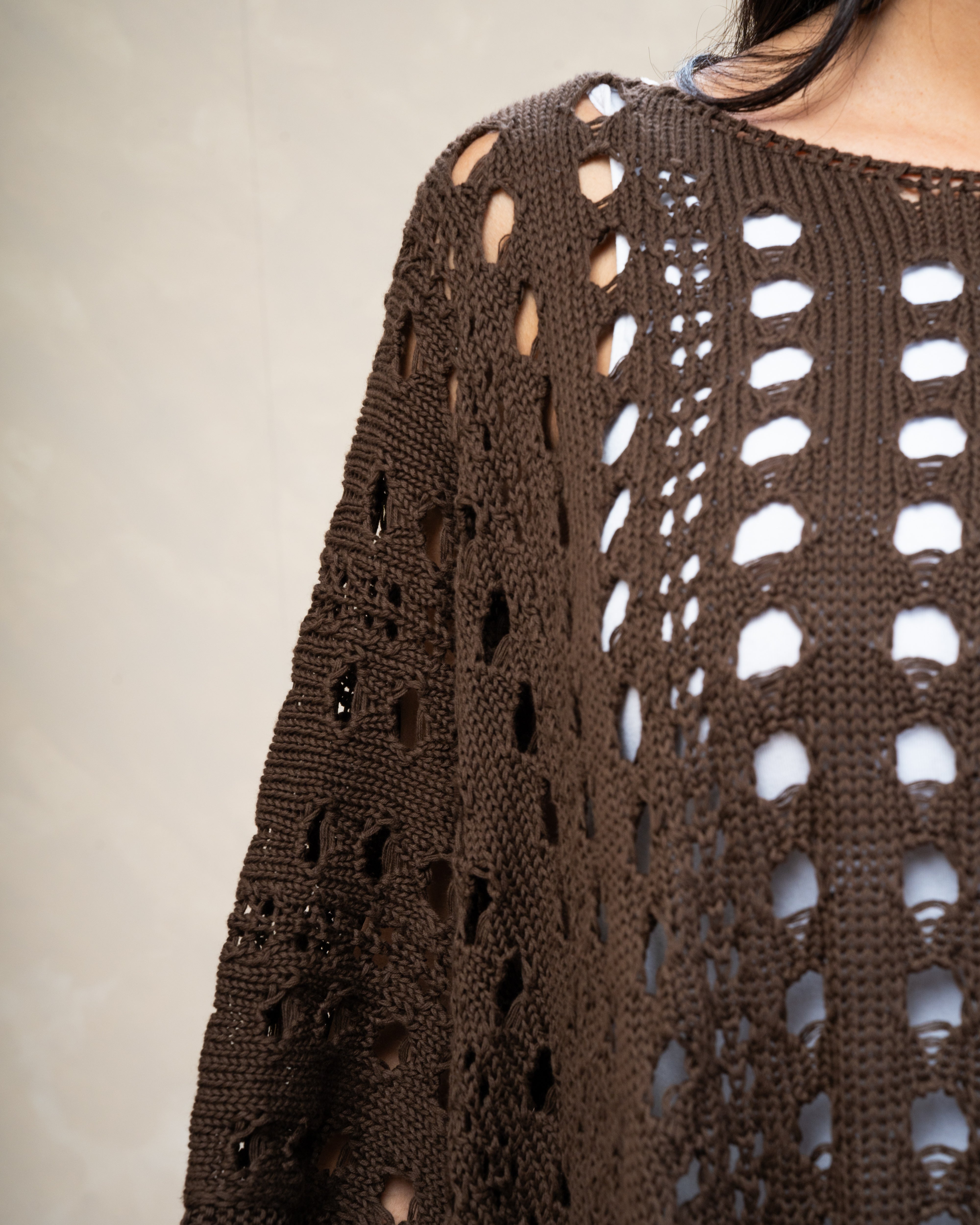 Open Knitwear Cardigan With Square Pattern And Tie